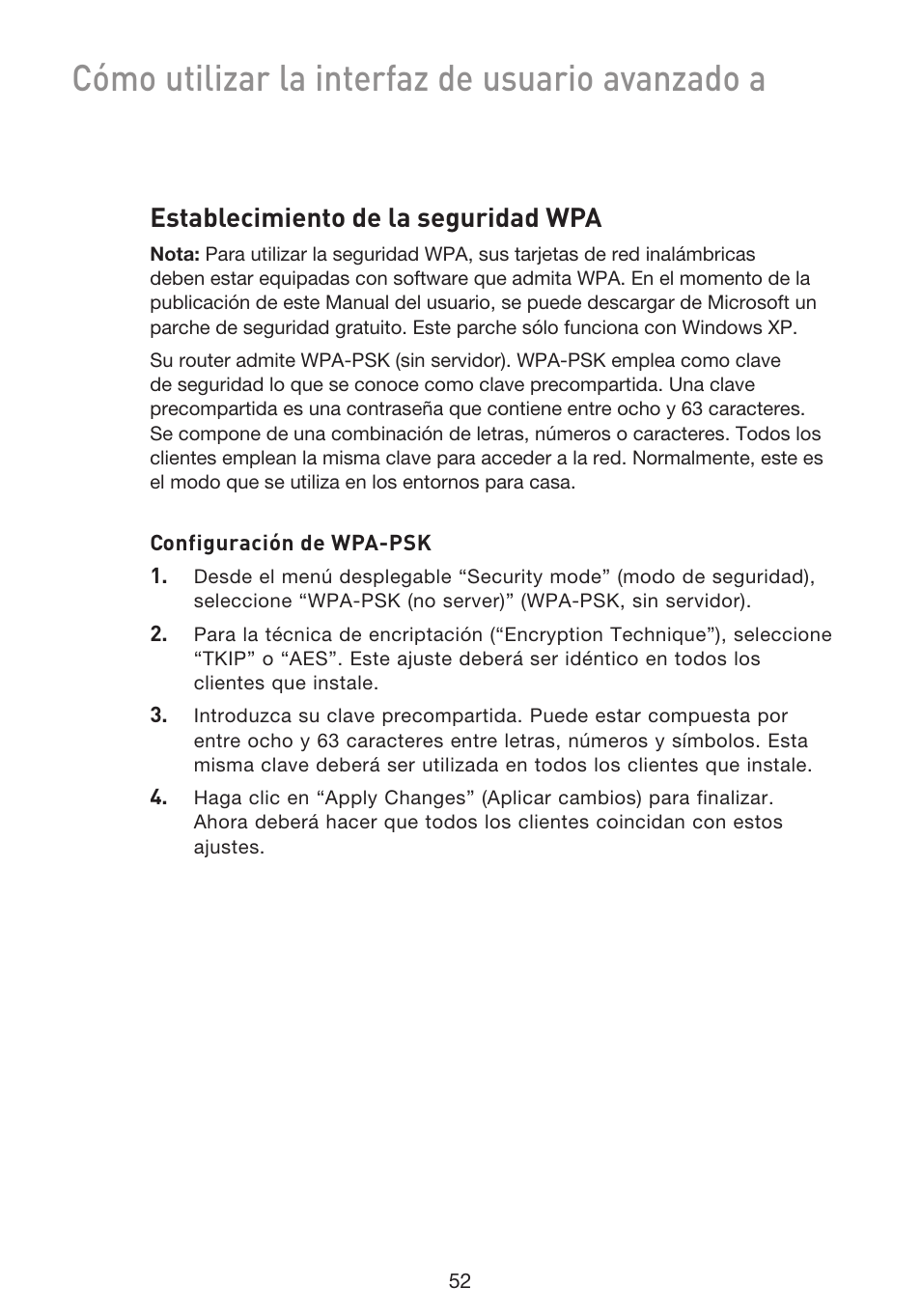 Cómo utilizar la interfaz de usuario avanzado a, Establecimiento de la seguridad wpa | Belkin F5D9230UK4 User Manual | Page 499 / 667