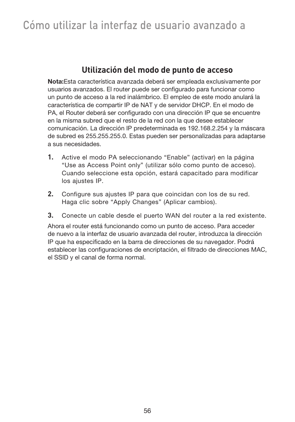 Cómo utilizar la interfaz de usuario avanzado a, Utilización del modo de punto de acceso | Belkin F5D9230UK4 User Manual | Page 503 / 667