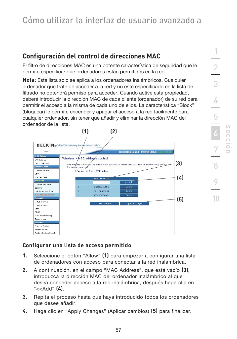 Cómo utilizar la interfaz de usuario avanzado a, Se cc ió n | Belkin F5D9230UK4 User Manual | Page 504 / 667