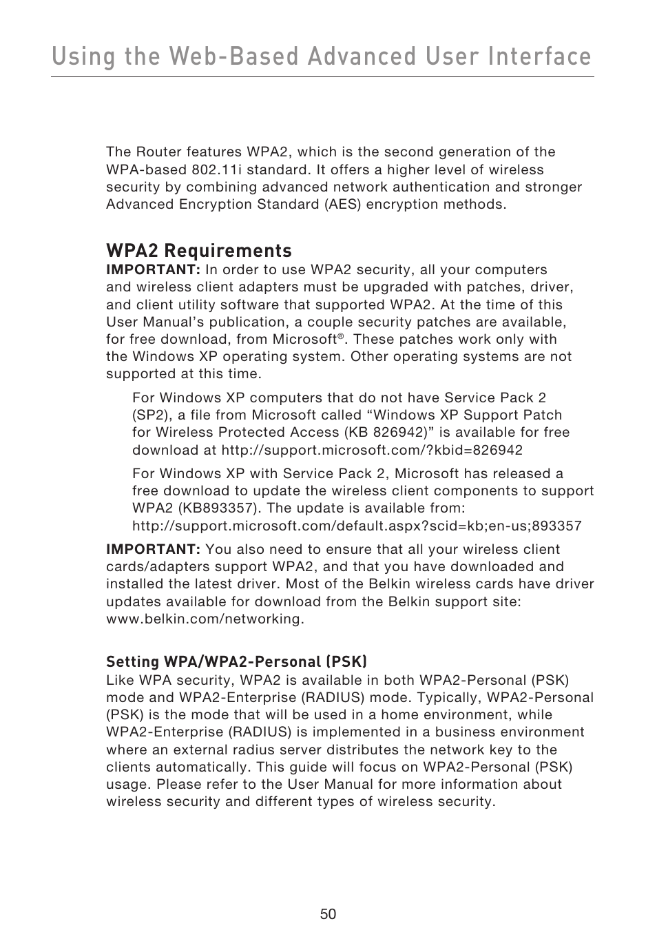 Using the web-based advanced user interface, Wpa2 requirements | Belkin F5D9230UK4 User Manual | Page 52 / 667