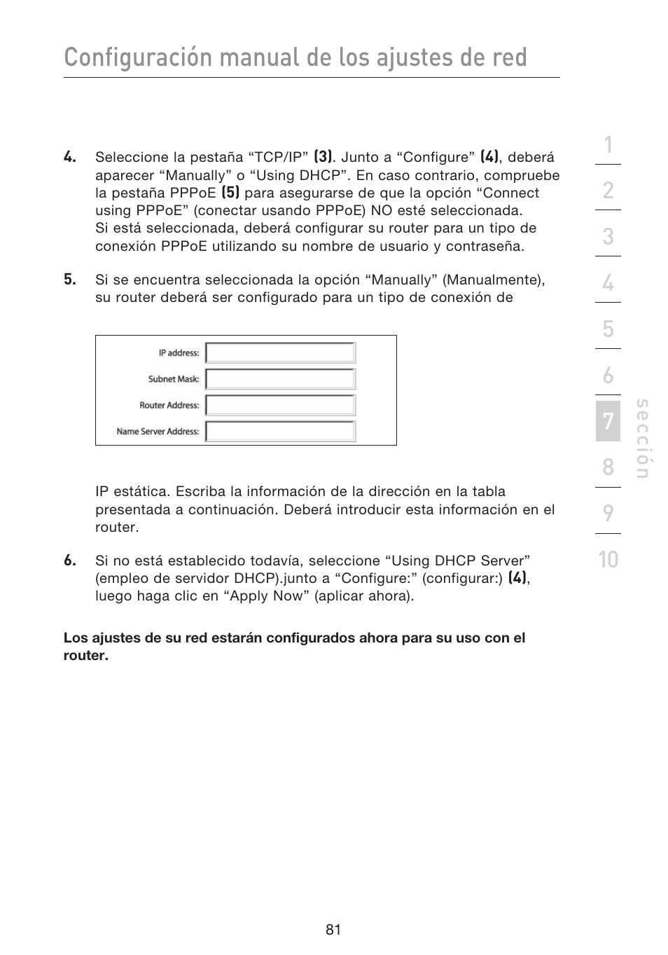 Configuración manual de los ajustes de red, Se cc ió n | Belkin F5D9230UK4 User Manual | Page 528 / 667