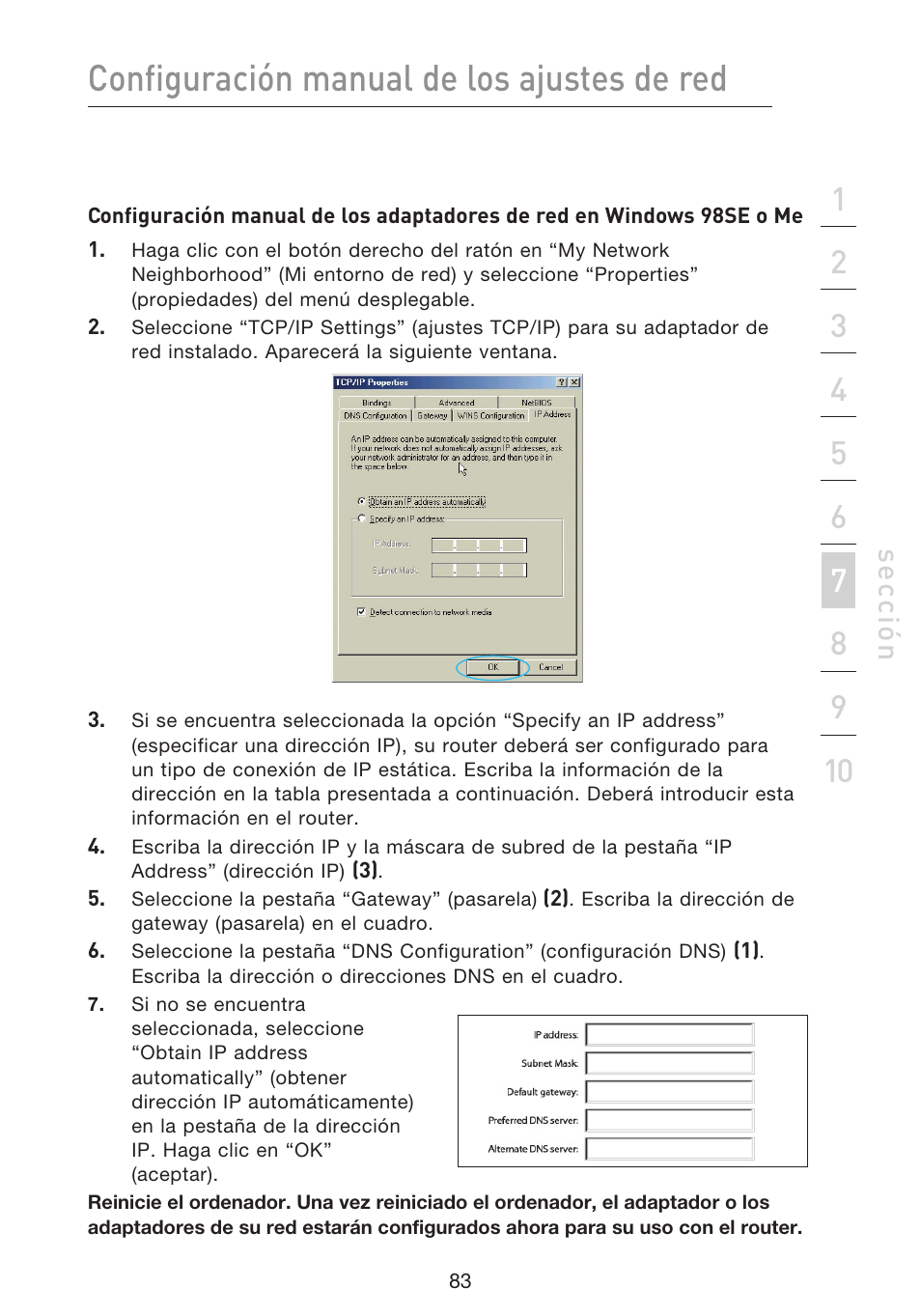 Configuración manual de los ajustes de red, Se cc ió n | Belkin F5D9230UK4 User Manual | Page 530 / 667