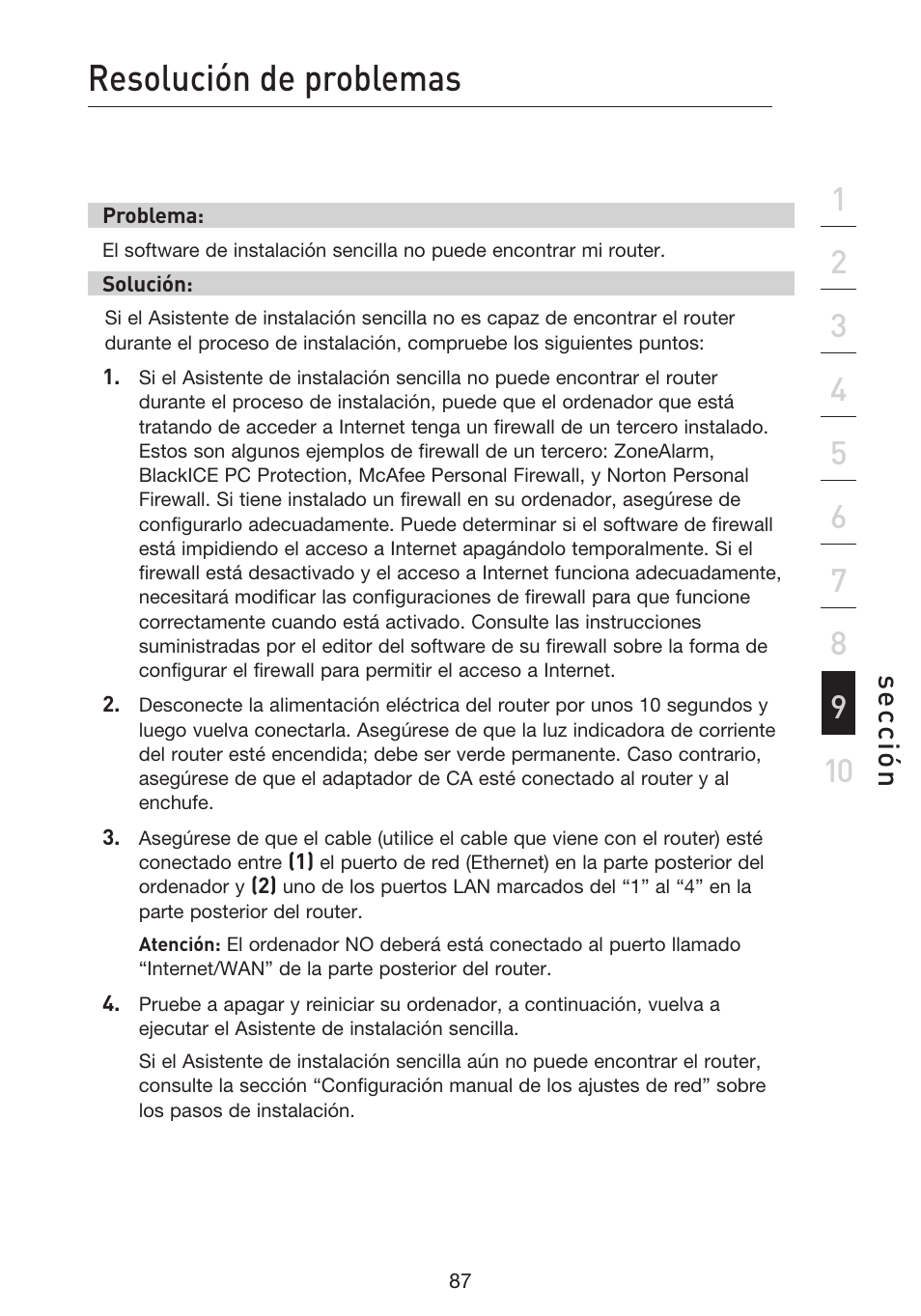 Resolución de problemas, Se cc ió n | Belkin F5D9230UK4 User Manual | Page 534 / 667