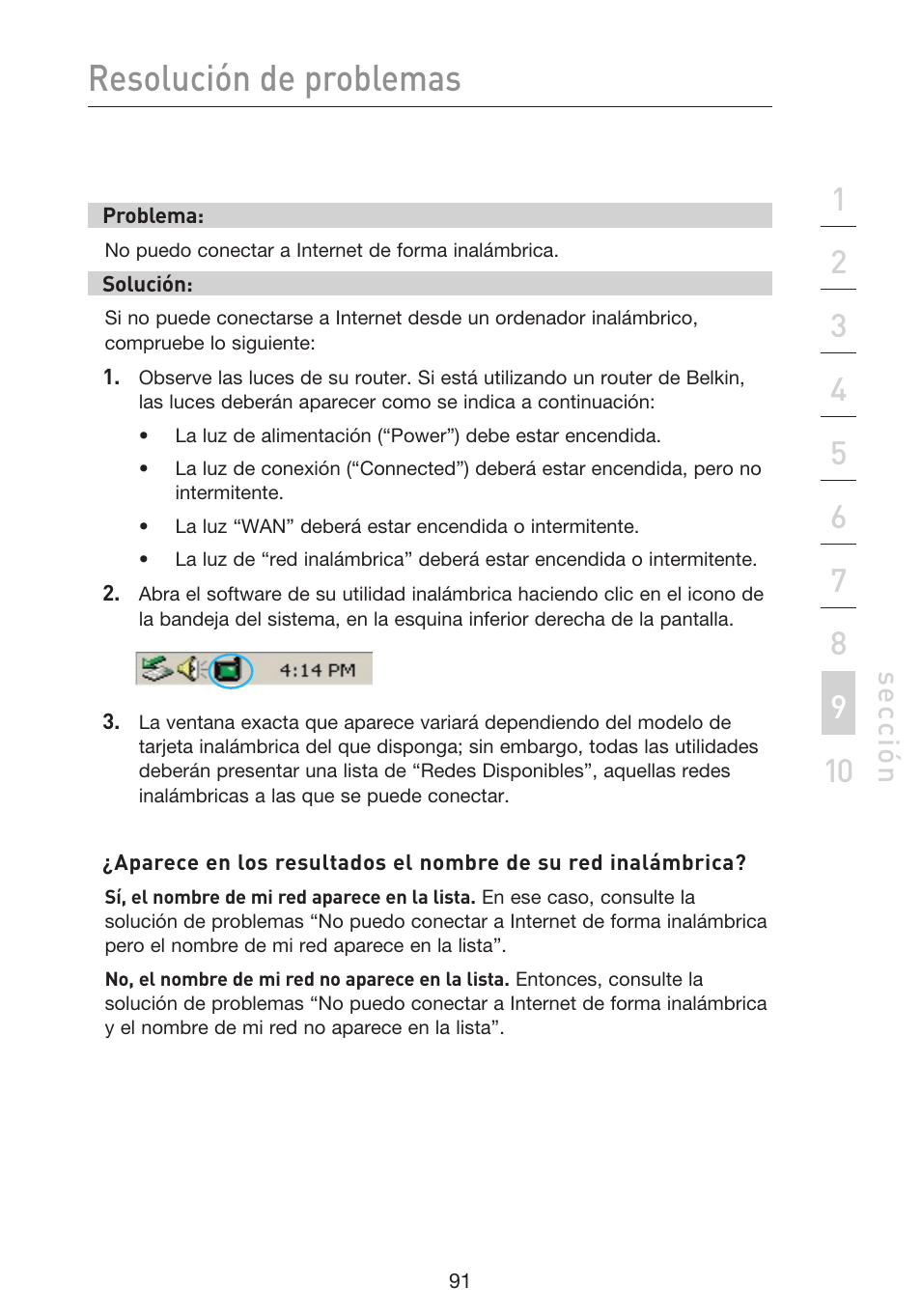 Resolución de problemas, Se cc ió n | Belkin F5D9230UK4 User Manual | Page 538 / 667