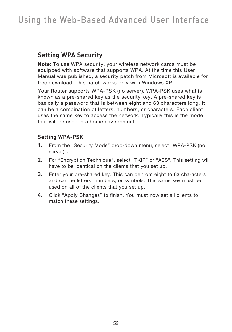 Using the web-based advanced user interface, Setting wpa security | Belkin F5D9230UK4 User Manual | Page 54 / 667