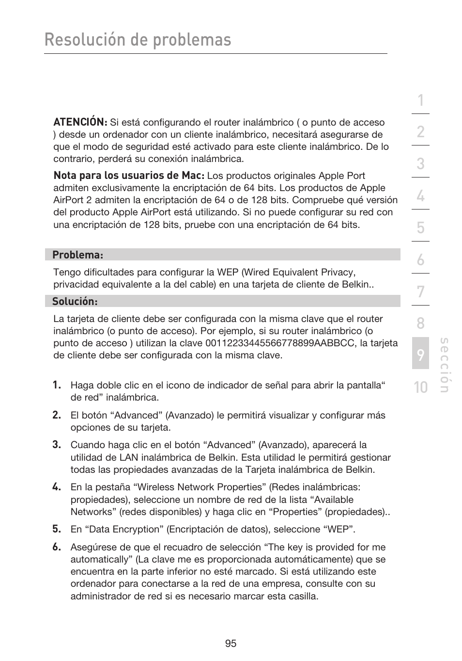 Resolución de problemas, Se cc ió n | Belkin F5D9230UK4 User Manual | Page 542 / 667