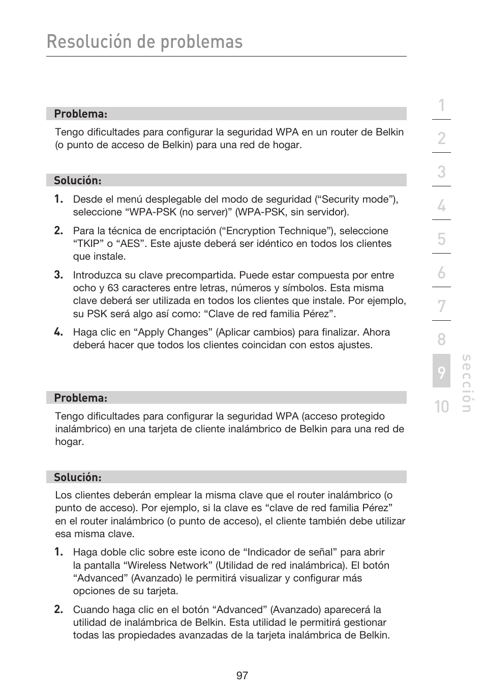 Resolución de problemas, Se cc ió n | Belkin F5D9230UK4 User Manual | Page 544 / 667