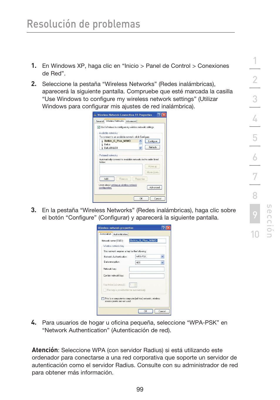 Resolución de problemas, Se cc ió n | Belkin F5D9230UK4 User Manual | Page 546 / 667