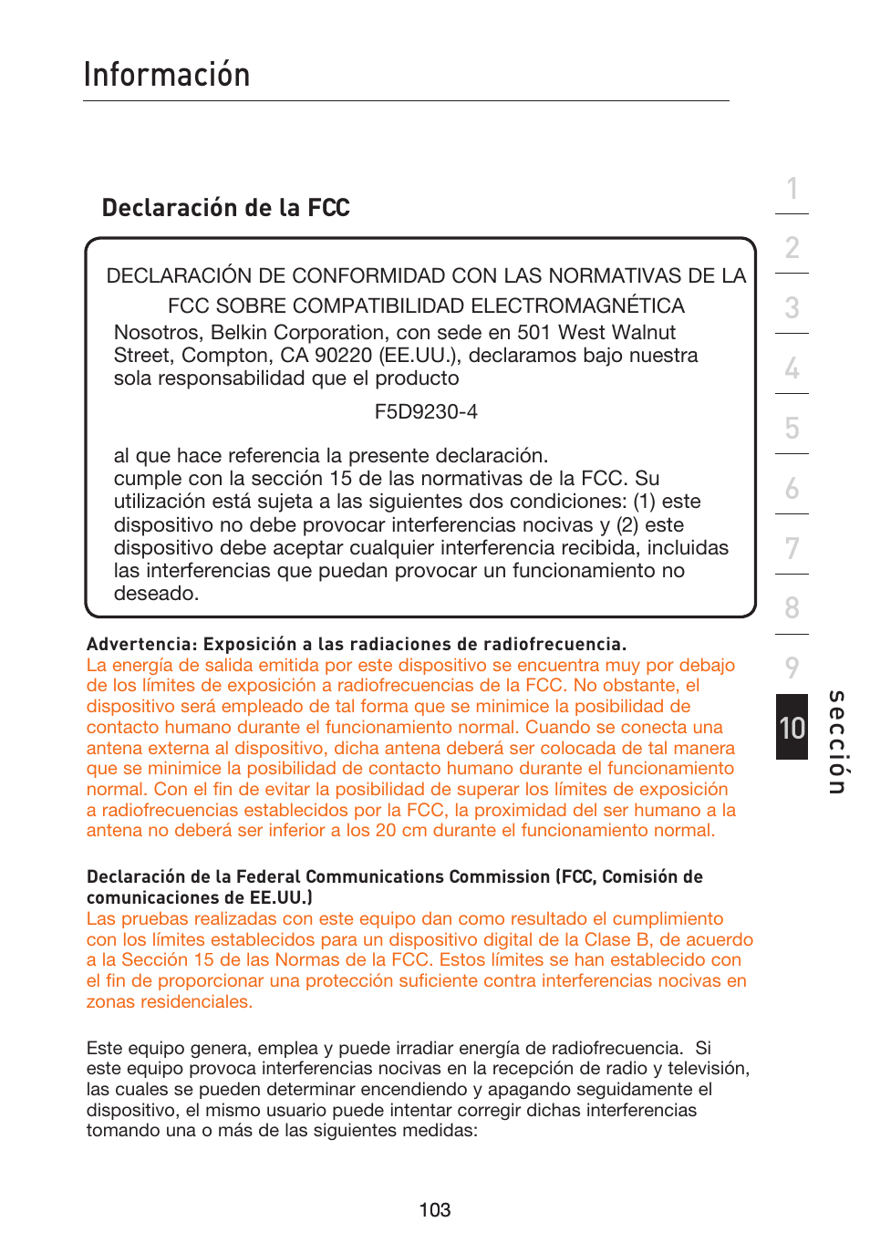 Información, Se cc ió n, Declaración de la fcc | Belkin F5D9230UK4 User Manual | Page 550 / 667