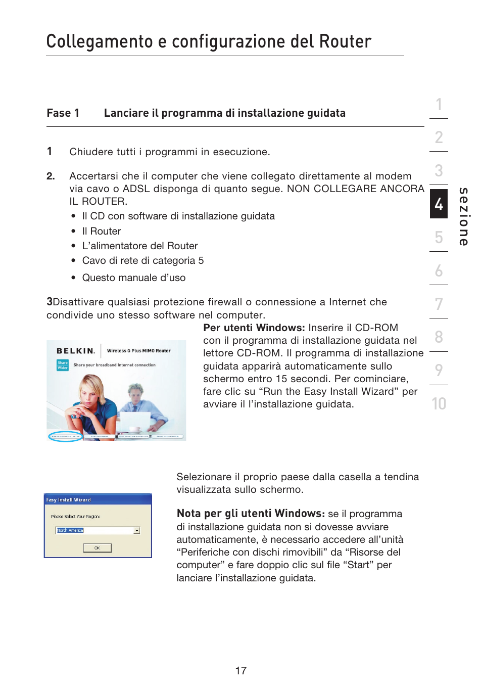 Collegamento e configurazione del router, Se zio n e | Belkin F5D9230UK4 User Manual | Page 575 / 667