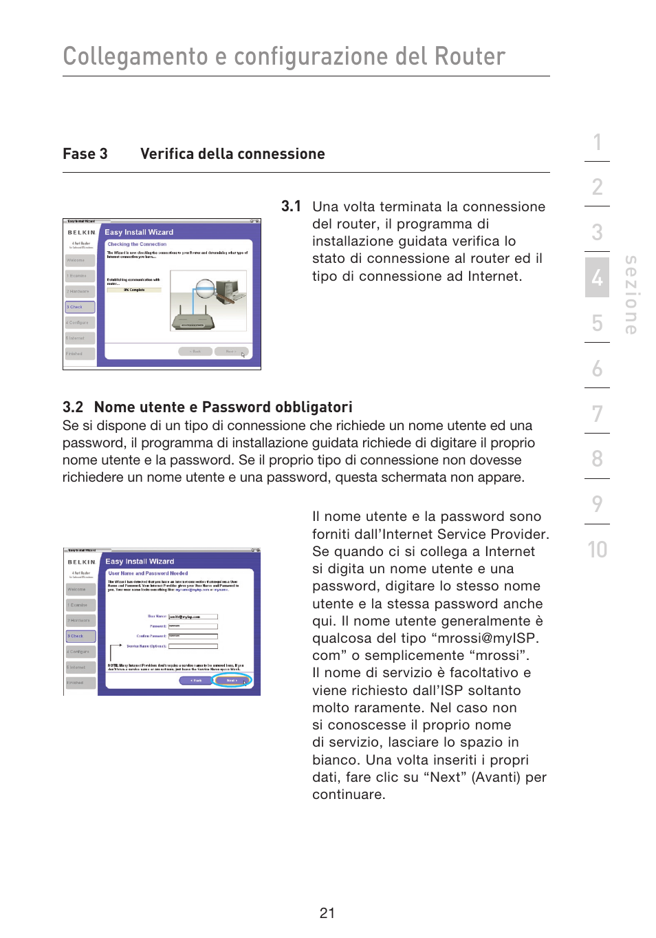 Collegamento e configurazione del router | Belkin F5D9230UK4 User Manual | Page 579 / 667