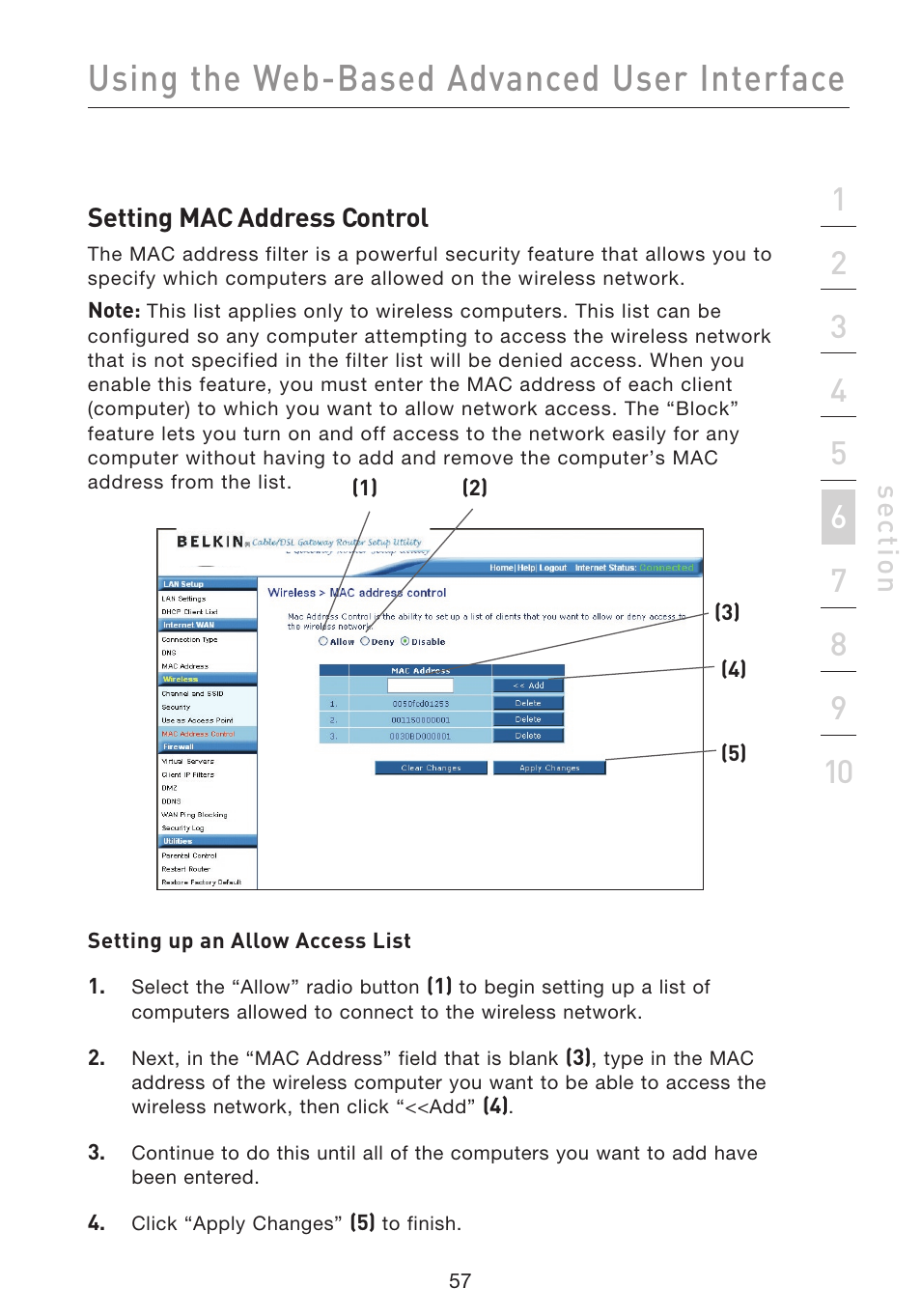 Using the web-based advanced user interface, Se ct io n | Belkin F5D9230UK4 User Manual | Page 59 / 667