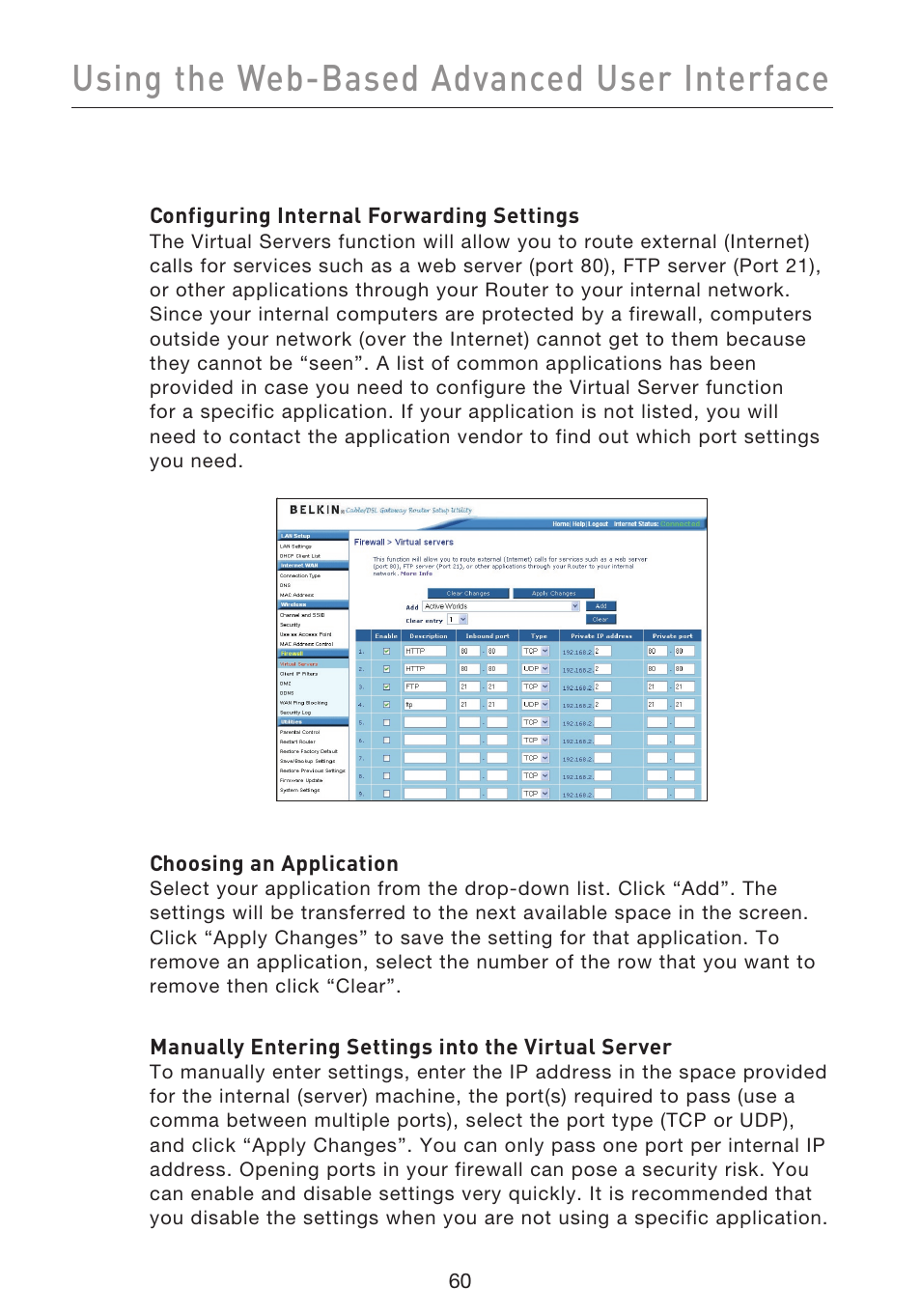 Using the web-based advanced user interface | Belkin F5D9230UK4 User Manual | Page 62 / 667