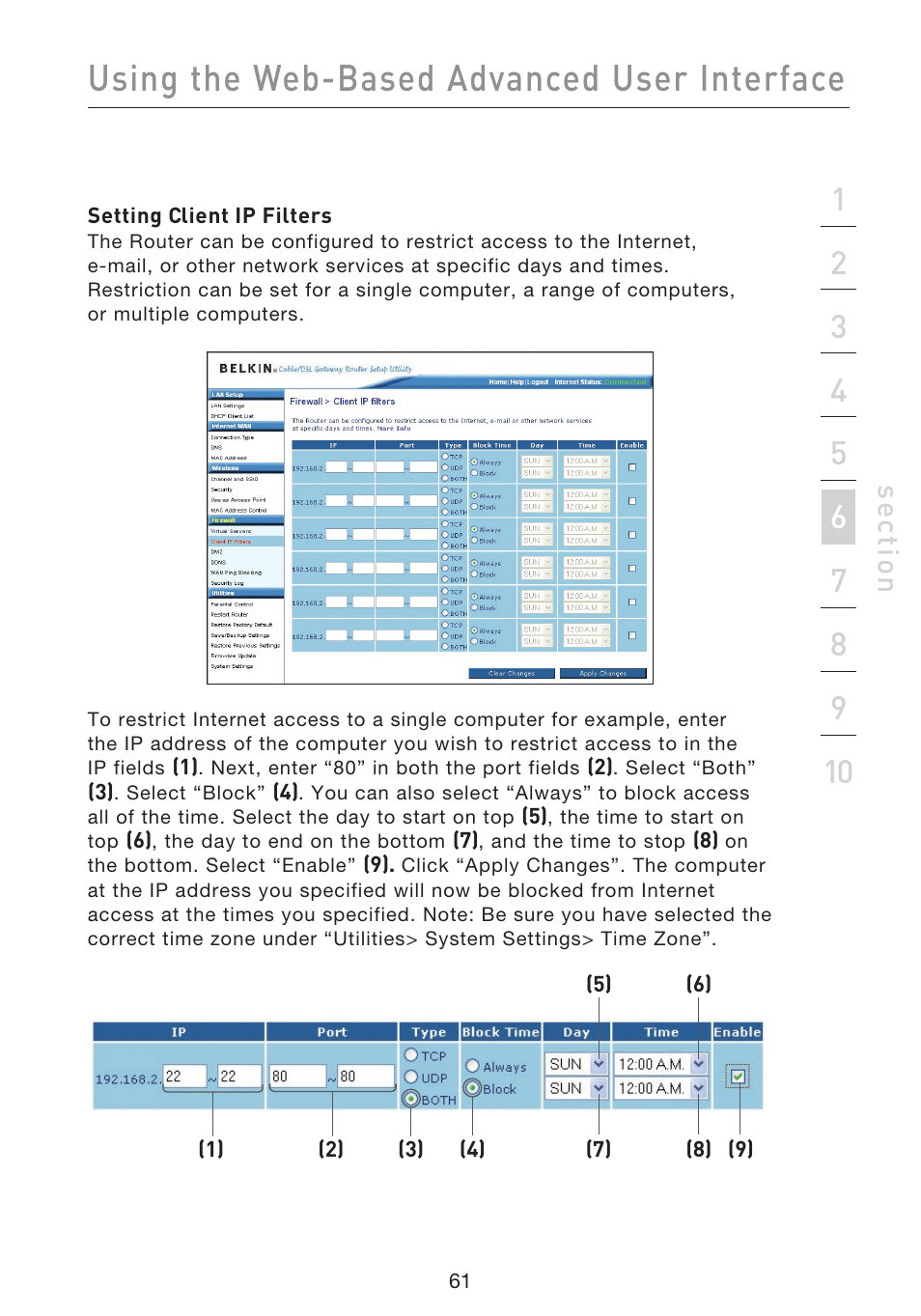 Using the web-based advanced user interface, Se ct io n | Belkin F5D9230UK4 User Manual | Page 63 / 667