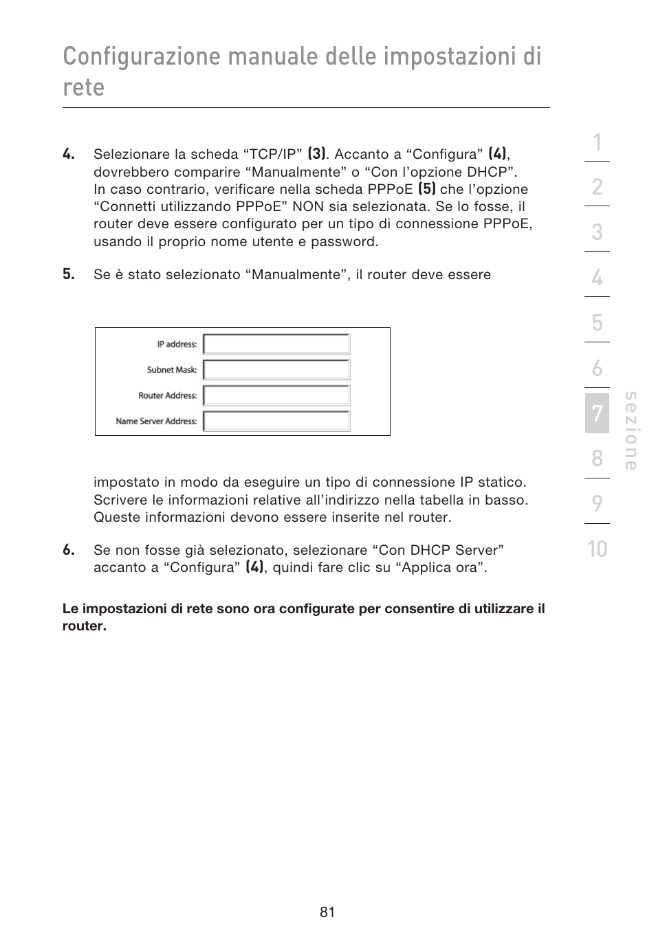 Configurazione manuale delle impostazioni di rete, Se zio n e | Belkin F5D9230UK4 User Manual | Page 639 / 667