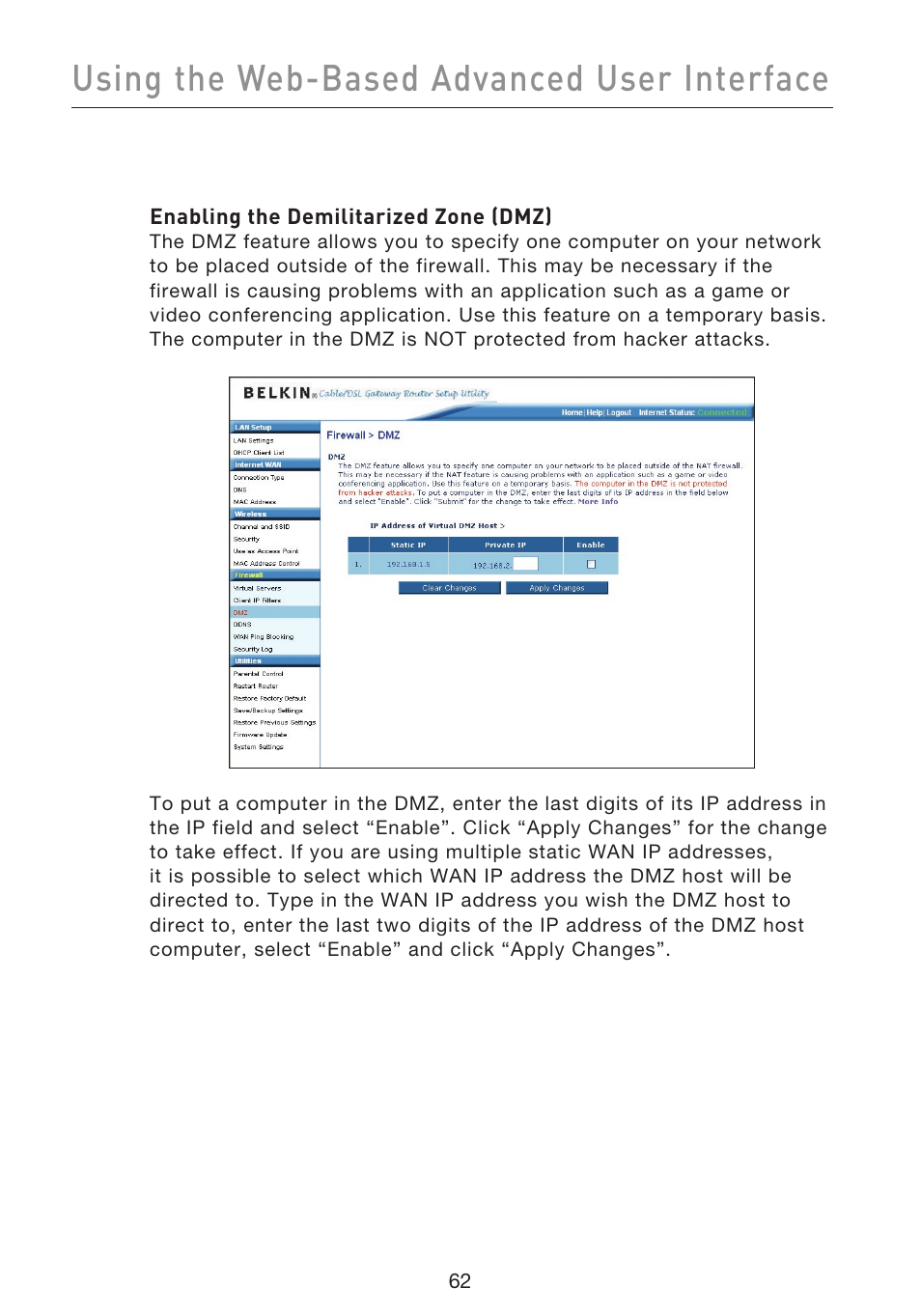 Using the web-based advanced user interface | Belkin F5D9230UK4 User Manual | Page 64 / 667