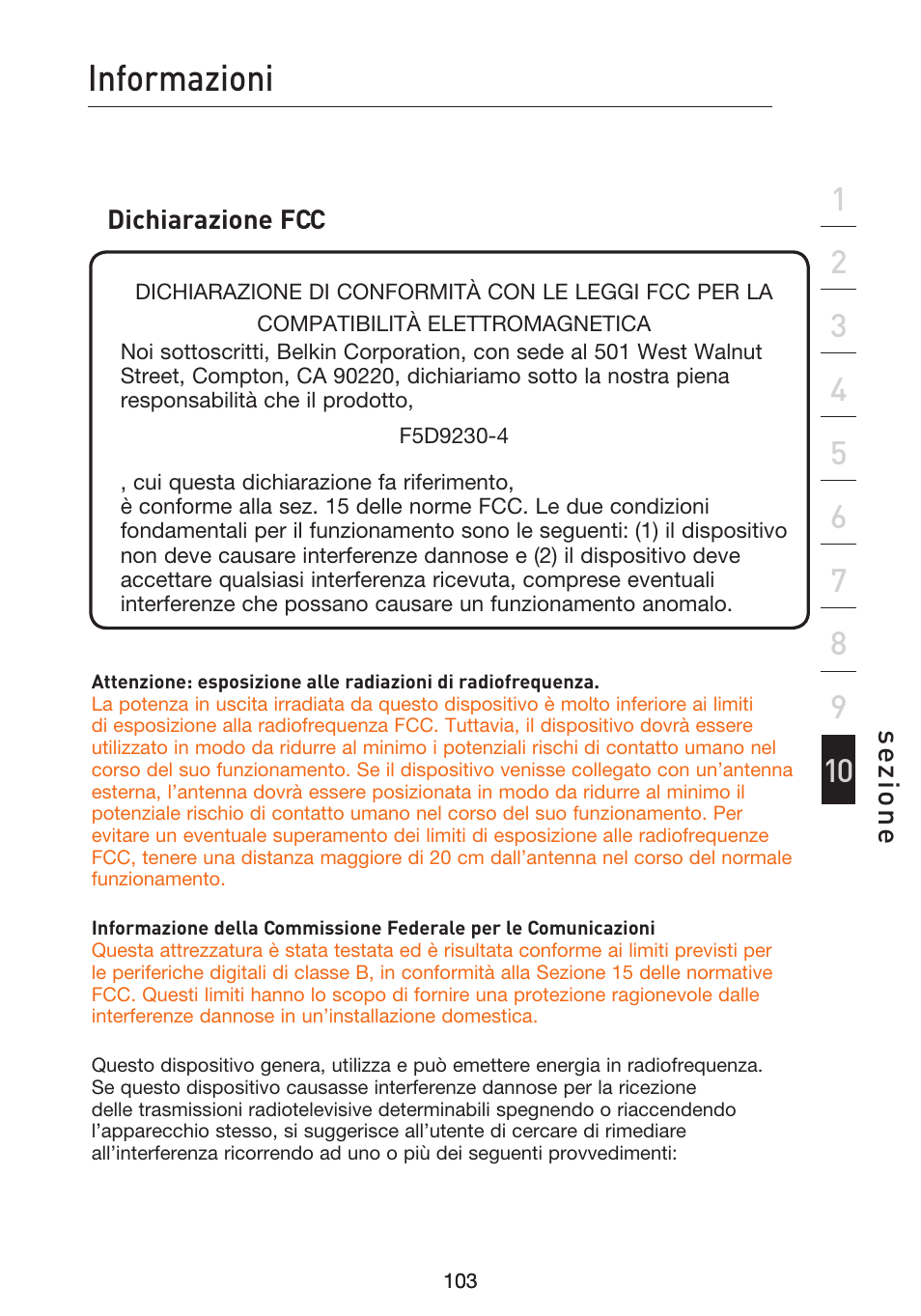 Informazioni, Se zio n e, Dichiarazione fcc | Belkin F5D9230UK4 User Manual | Page 661 / 667
