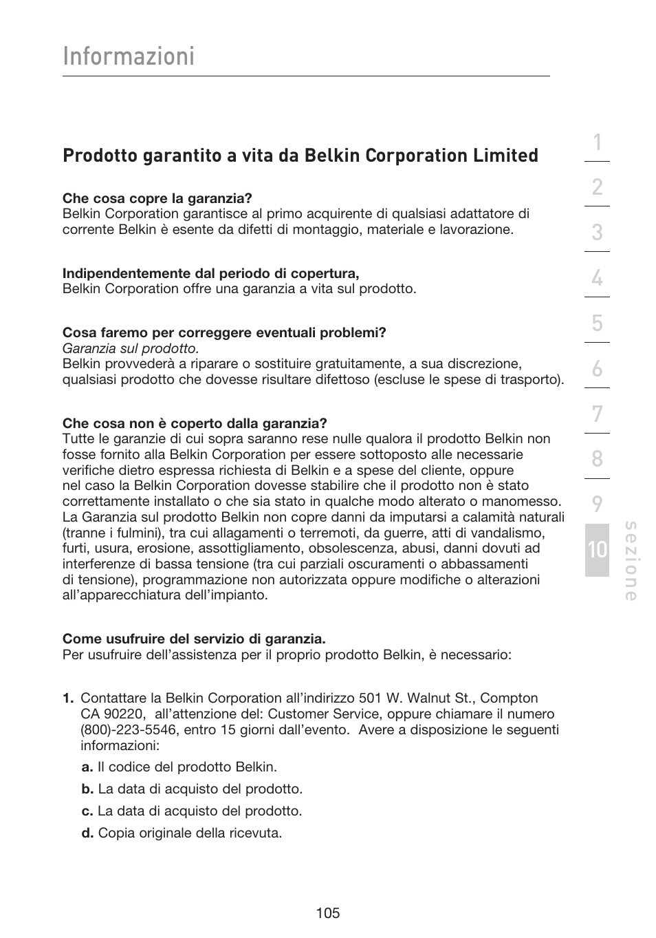 Informazioni, Se zio n e | Belkin F5D9230UK4 User Manual | Page 663 / 667