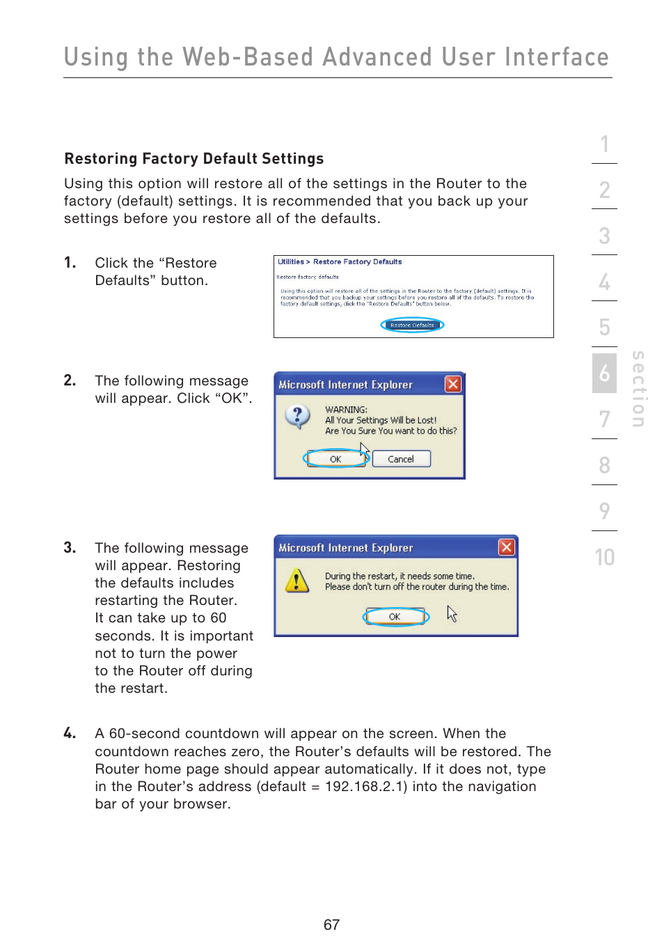 Using the web-based advanced user interface, Se ct io n | Belkin F5D9230UK4 User Manual | Page 69 / 667