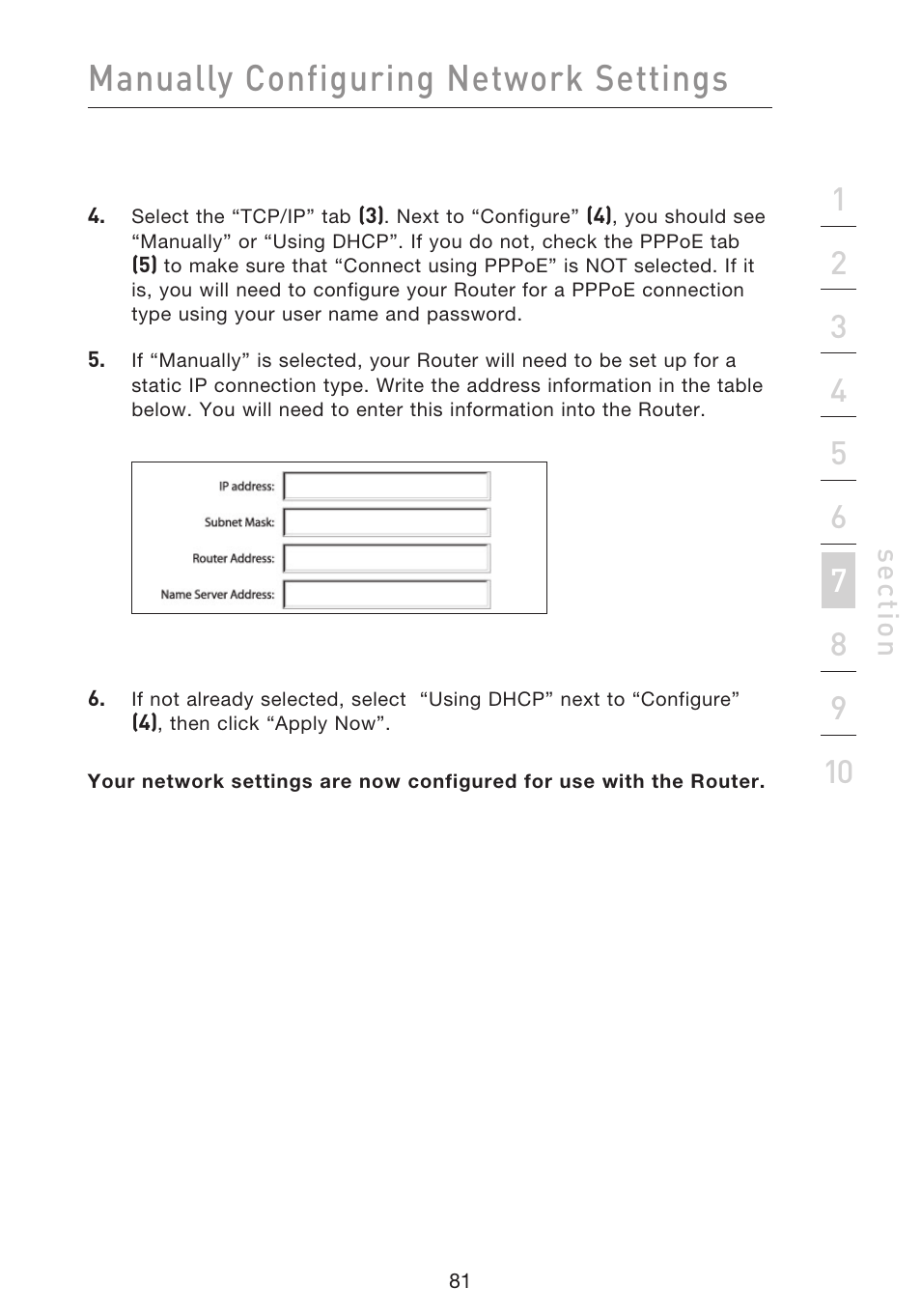 Manually configuring network settings, Se ct io n | Belkin F5D9230UK4 User Manual | Page 83 / 667