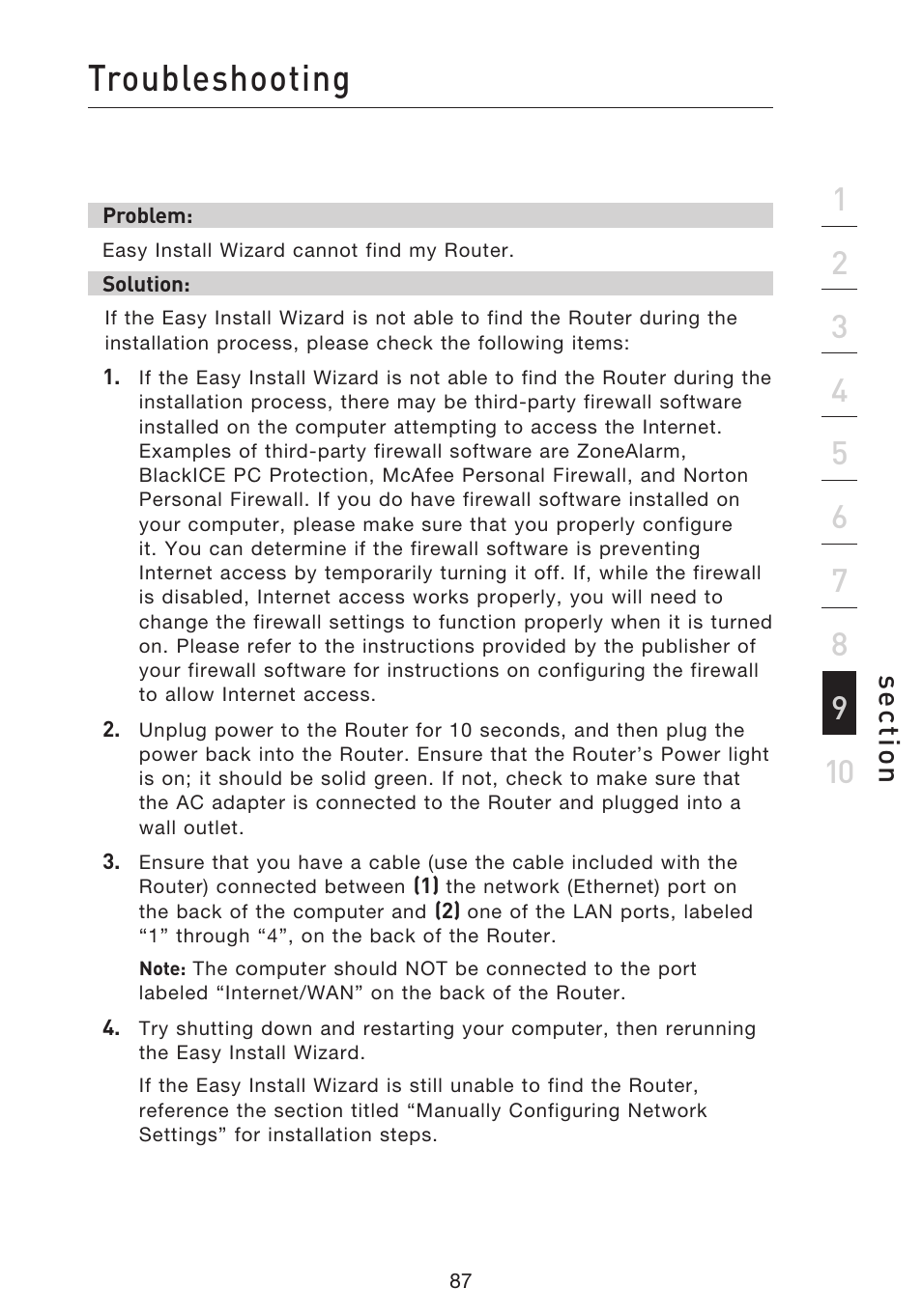 Troubleshooting, Se ct io n | Belkin F5D9230UK4 User Manual | Page 89 / 667