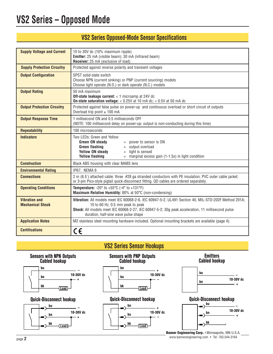 Vs2 series – opposed mode, Vs2 series opposed-mode sensor specifications, Vs2 series sensor hookups | Banner VS2 Series User Manual | Page 2 / 5