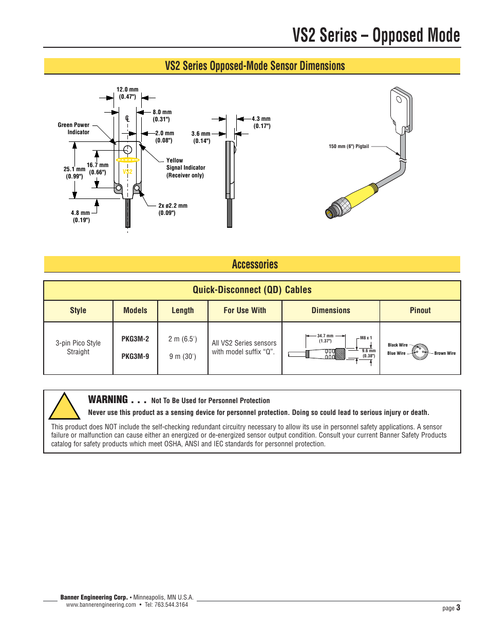 Vs2 series – opposed mode, Vs2 series opposed-mode sensor dimensions, Accessories | Warning, Quick-disconnect (qd) cables | Banner VS2 Series User Manual | Page 3 / 5