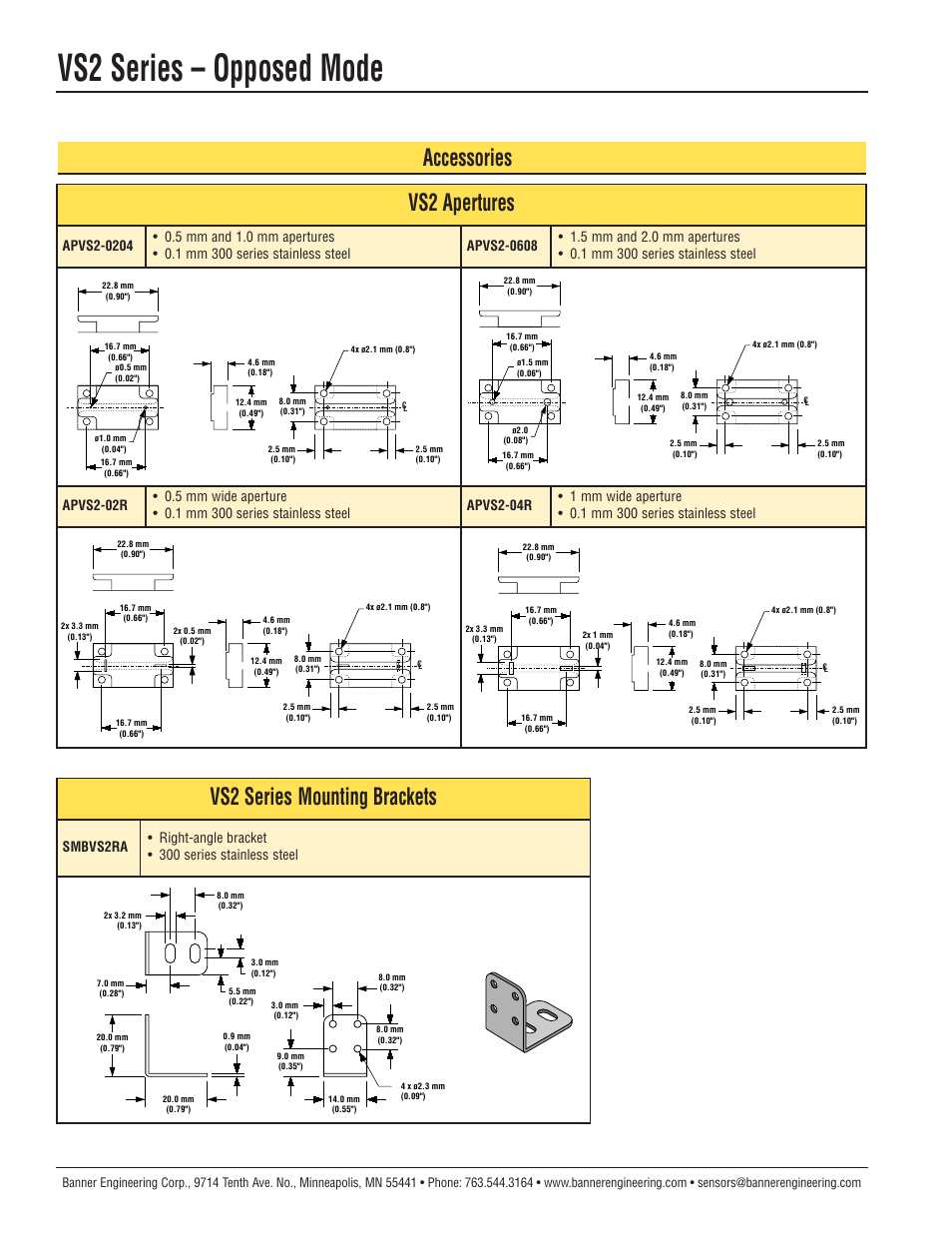 Vs2 series – opposed mode, Vs2 series mounting brackets, Vs2 apertures | Accessories | Banner VS2 Series User Manual | Page 4 / 5