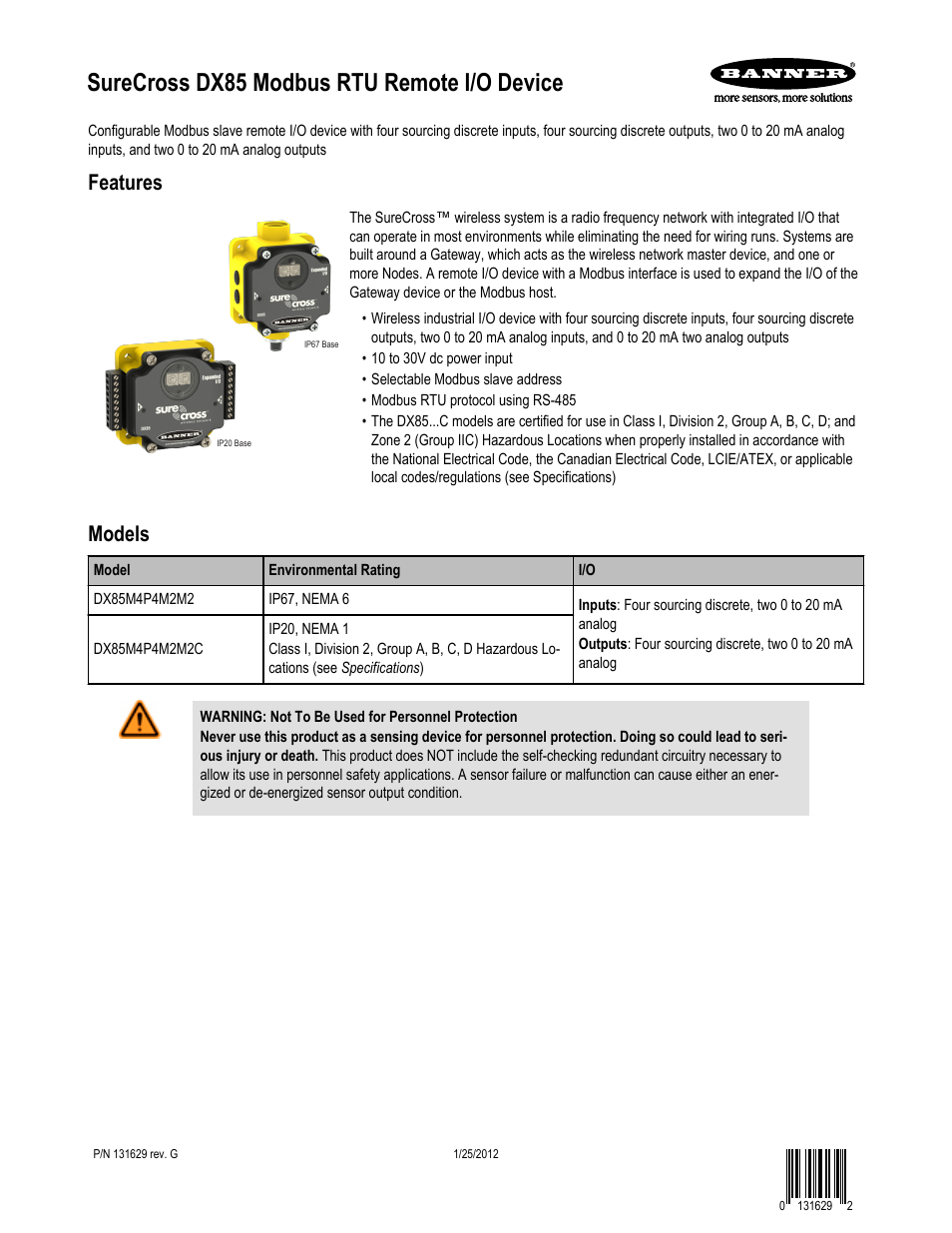 Banner SureCross DX85 Expandable Remote I/O User Manual | 10 pages