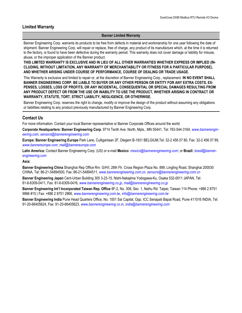 Banner SureCross DX85 Expandable Remote I/O User Manual | Page 10 / 10
