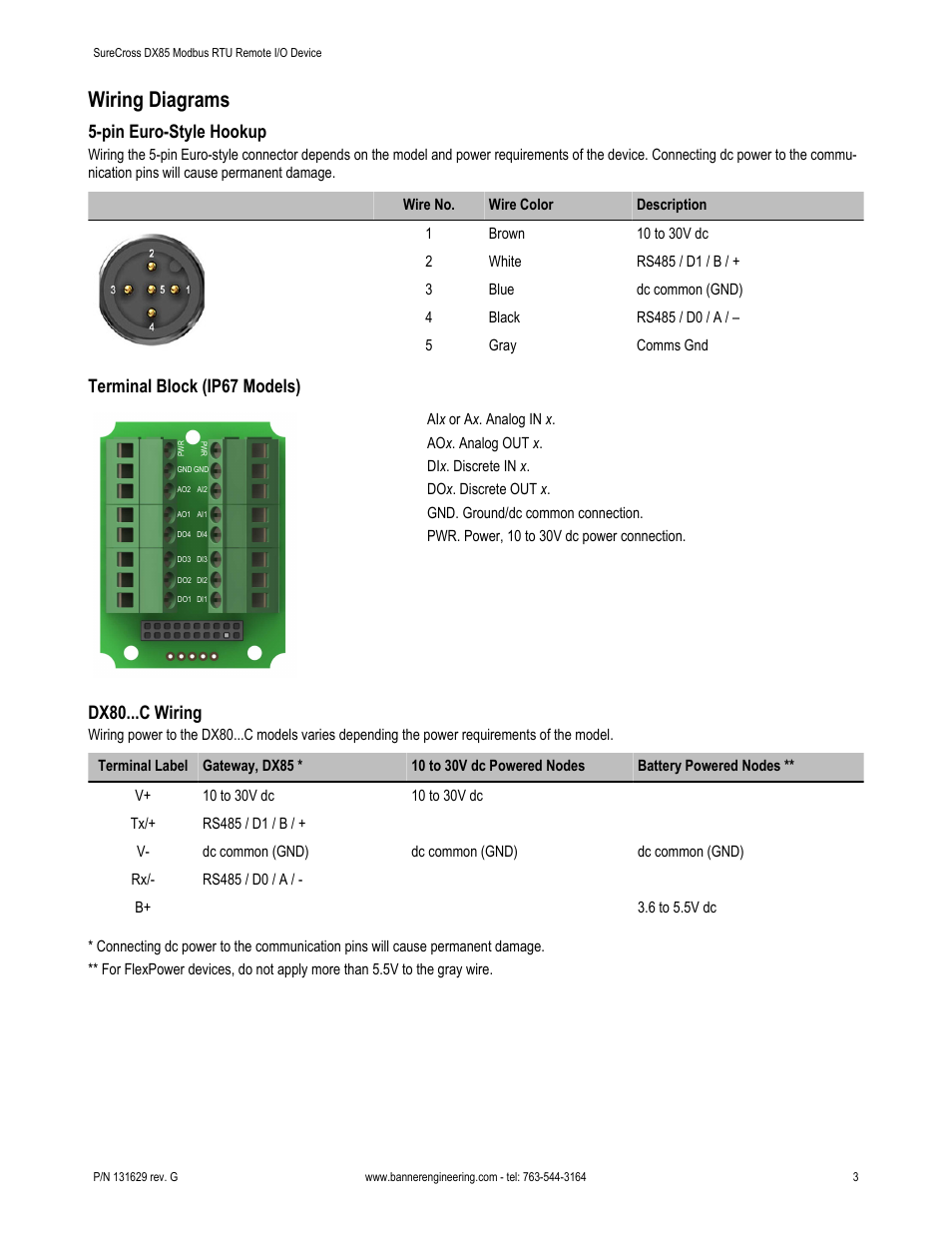 Wiring diagrams, Pin euro-style hookup, Terminal block (ip67 models) | Dx80...c wiring | Banner SureCross DX85 Expandable Remote I/O User Manual | Page 3 / 10