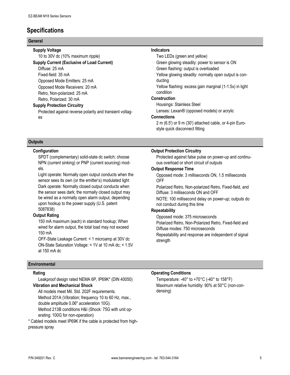 Specifications | Banner M18 Series User Manual | Page 5 / 8