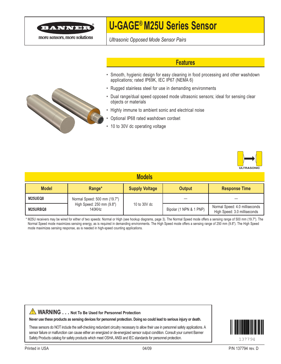 Banner U-GAGE M25U Ultrasonic Sensors User Manual | 4 pages
