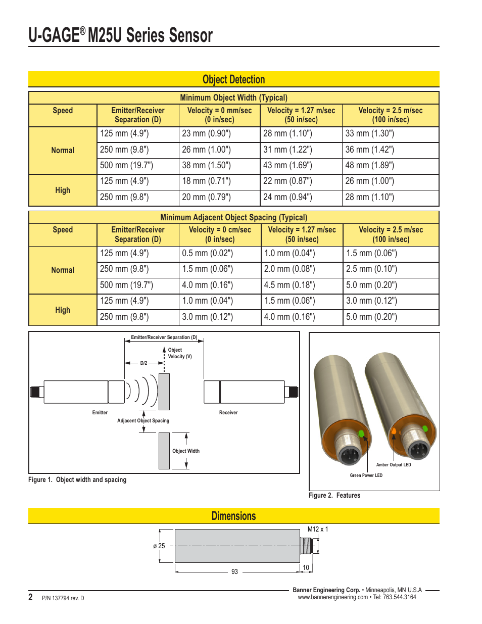 U-gage, M25u series sensor, Object detection | Dimensions | Banner U-GAGE M25U Ultrasonic Sensors User Manual | Page 2 / 4