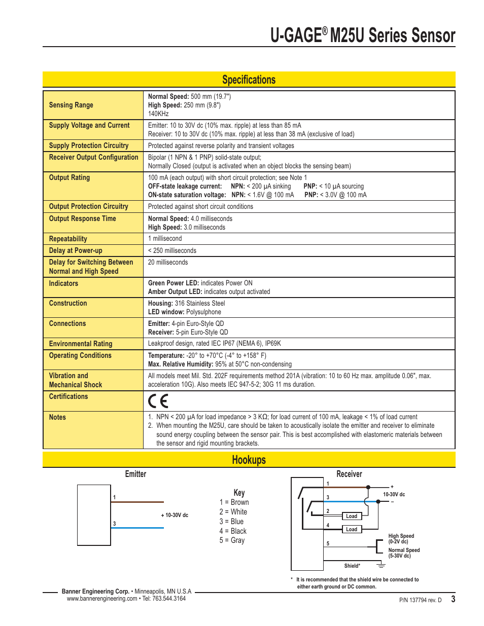 U-gage, M25u series sensor, Specifications | Hookups | Banner U-GAGE M25U Ultrasonic Sensors User Manual | Page 3 / 4