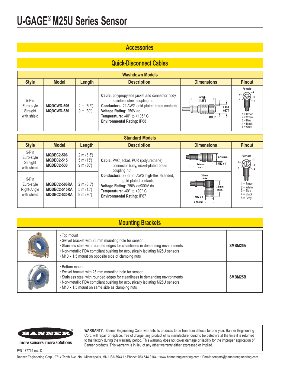 U-gage, M25u series sensor, Quick-disconnect cables mounting brackets | Accessories | Banner U-GAGE M25U Ultrasonic Sensors User Manual | Page 4 / 4