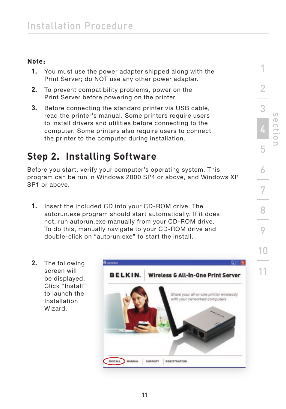 Installation procedure, Step 2. installing software, Se ct io n | Belkin F1UP002 User Manual | Page 11 / 64