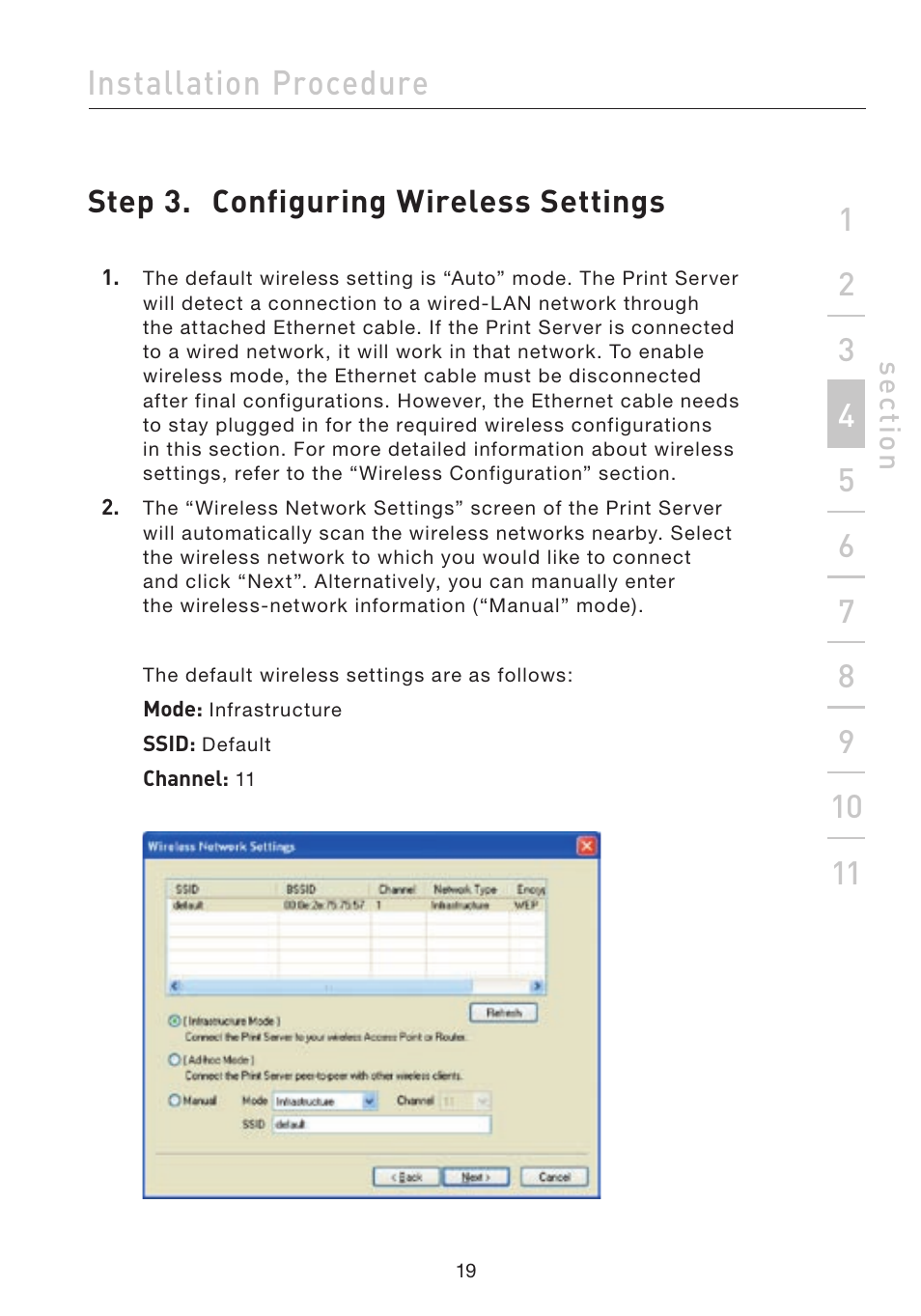 Installation procedure, Step 3. configuring wireless settings | Belkin F1UP002 User Manual | Page 19 / 64