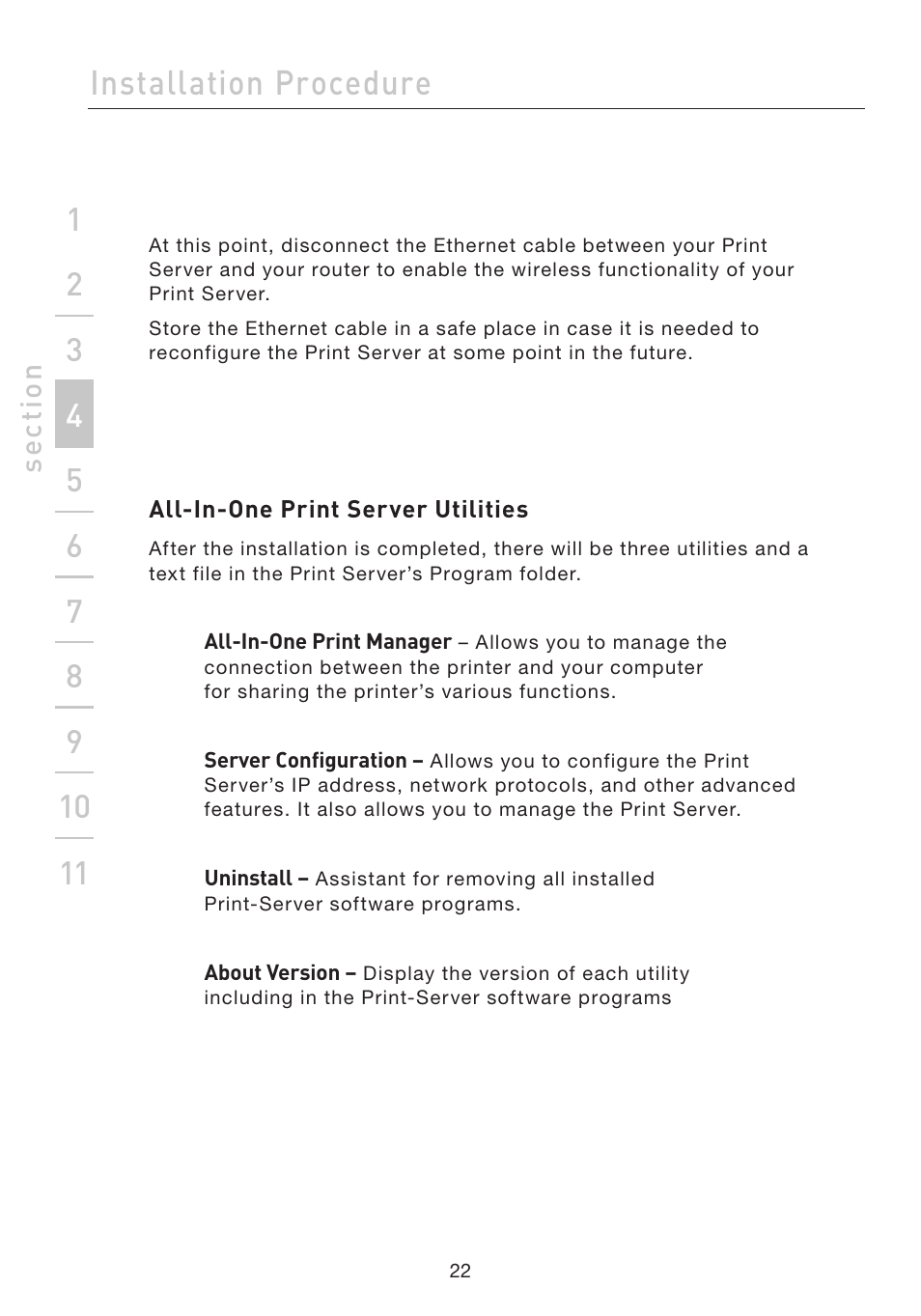 Installation procedure, Se ct io n | Belkin F1UP002 User Manual | Page 22 / 64