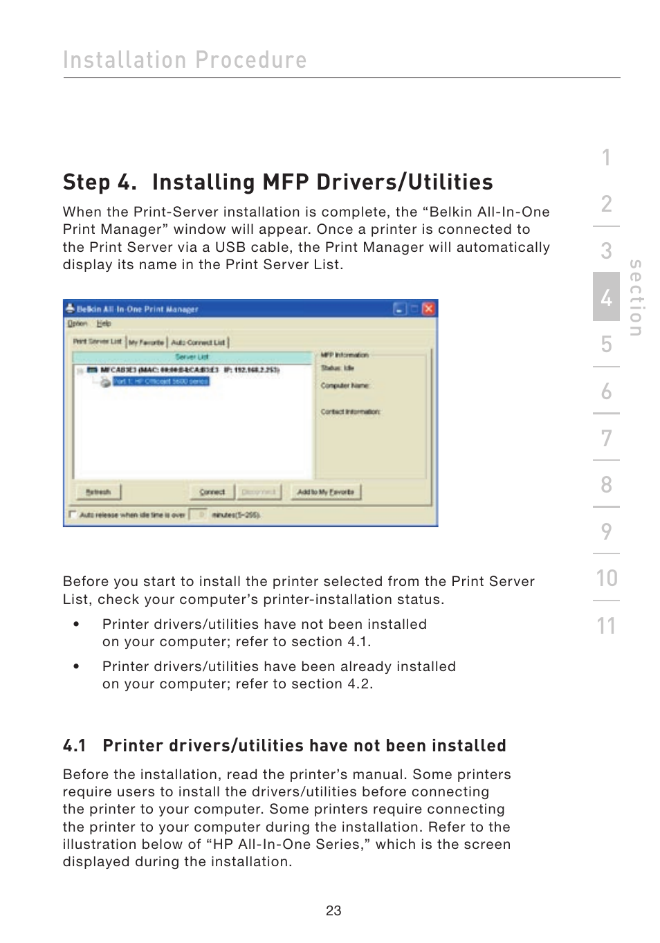 Installation procedure, Step 4. installing mfp drivers/utilities | Belkin F1UP002 User Manual | Page 23 / 64