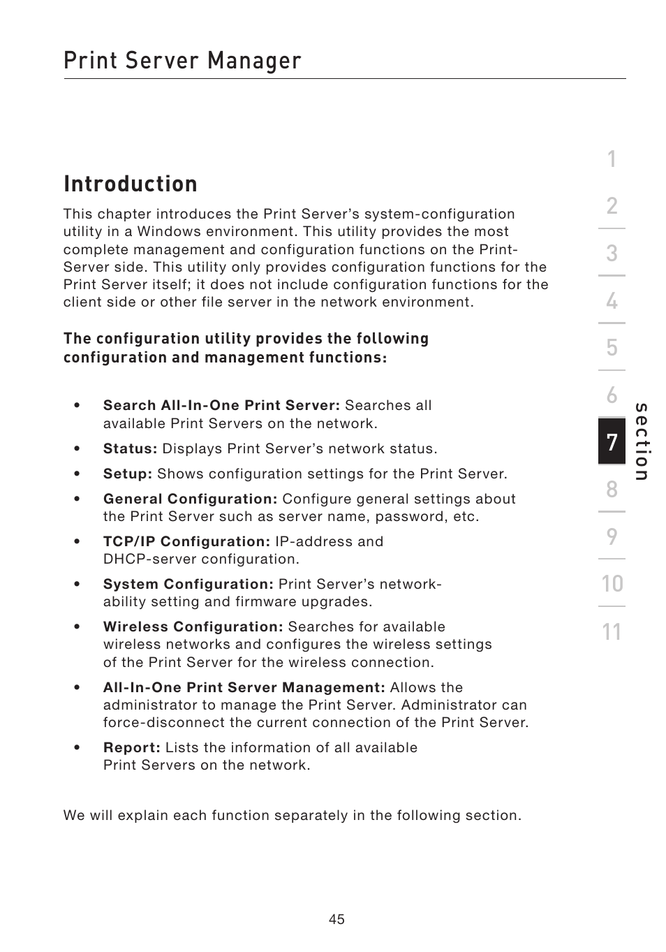 Print server manager, Introduction, Se ct io n | Belkin F1UP002 User Manual | Page 45 / 64