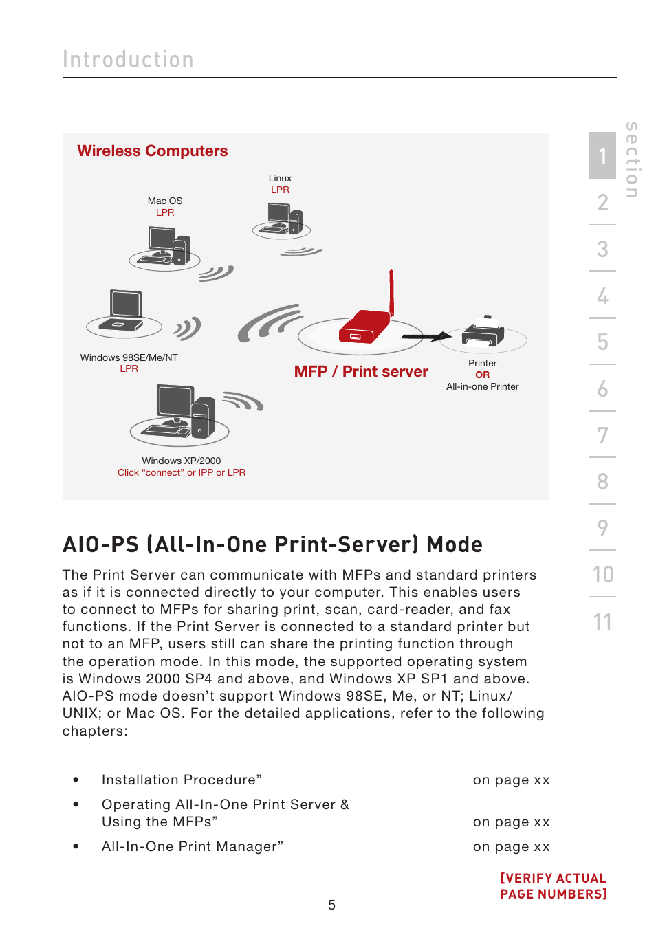 Introduction, Aio-ps (all-in-one print-server) mode, Se ct io n | Belkin F1UP002 User Manual | Page 5 / 64
