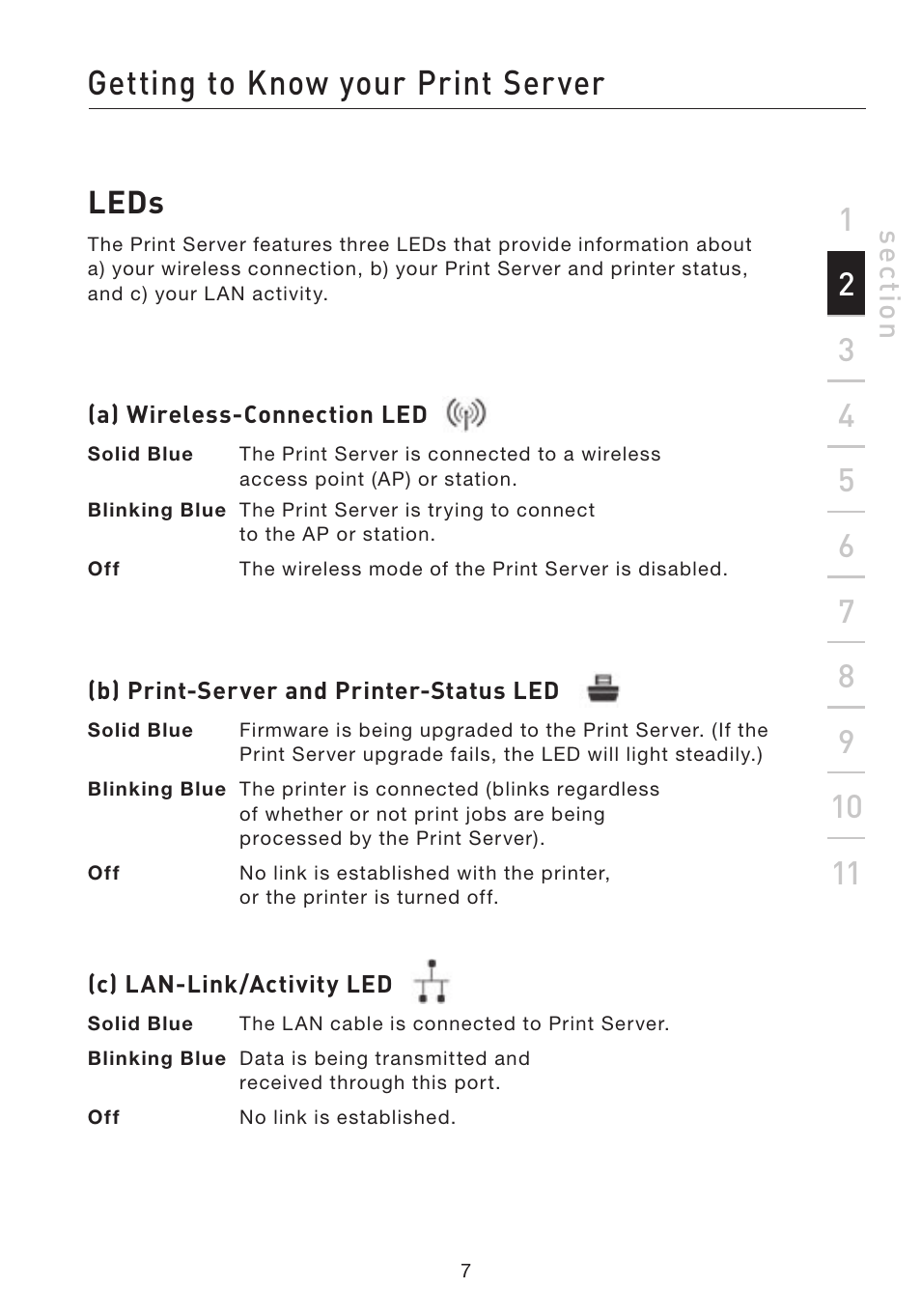 Getting to know your print server, Leds, Se ct io n | Belkin F1UP002 User Manual | Page 7 / 64
