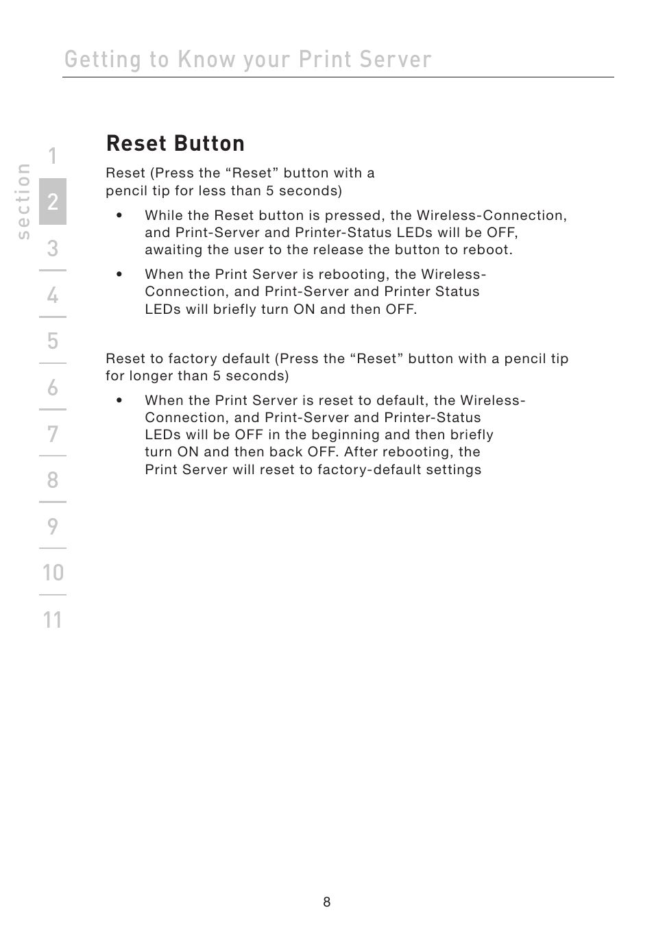 Getting to know your print server, Reset button | Belkin F1UP002 User Manual | Page 8 / 64