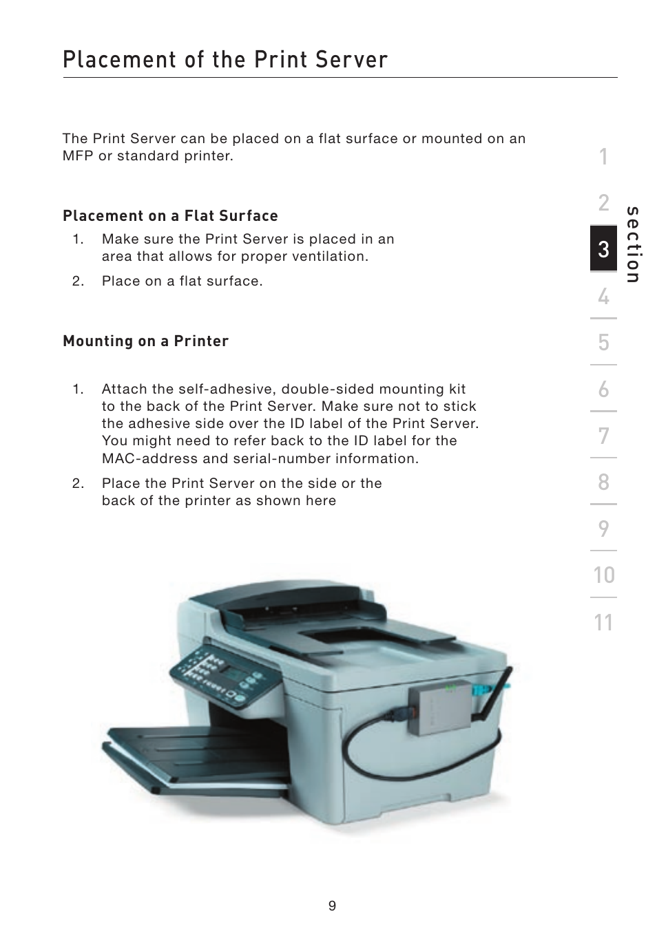 Placement of the print server | Belkin F1UP002 User Manual | Page 9 / 64