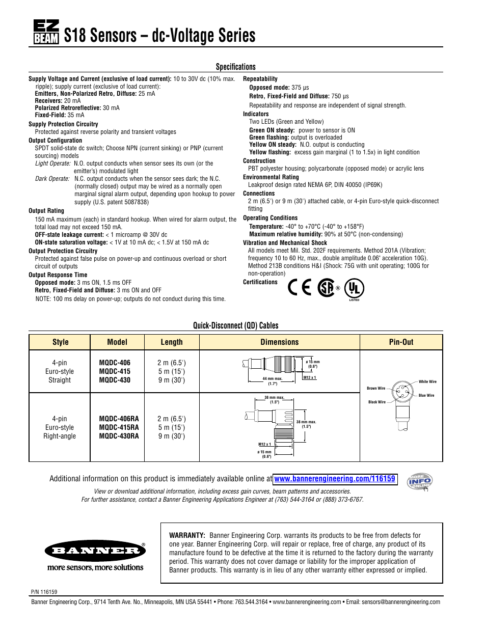 S18 sensors – dc-voltage series, Speciﬁcations quick-disconnect (qd) cables | Banner S18 Series User Manual | Page 2 / 2