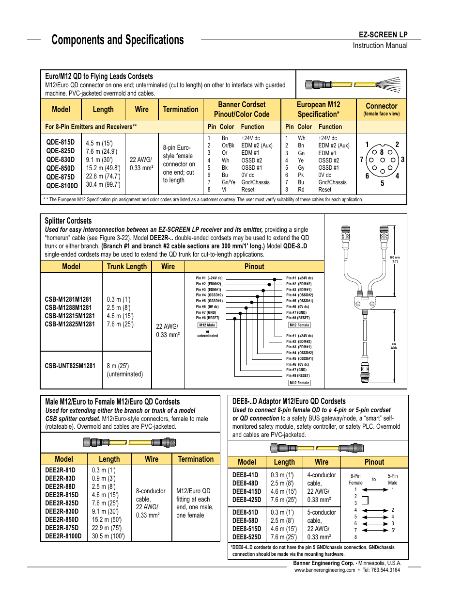 Overview, Components and specifications, Splitter cordsets | Male m12/euro to female m12/euro qd cordsets, Euro/m12 qd to flying leads cordsets, Dee8-..d adaptor m12/euro qd cordsets | Banner EZ-SCREEN Low-Profile Safety Light Curtain Systems User Manual | Page 12 / 76