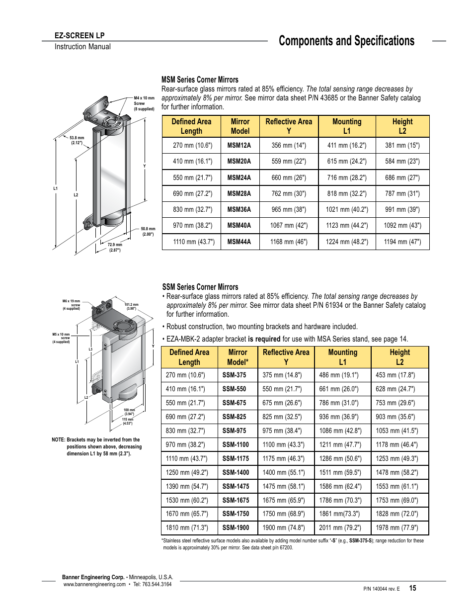 Overview, Components and specifications, Msm series corner mirrors | Ssm series corner mirrors | Banner EZ-SCREEN Low-Profile Safety Light Curtain Systems User Manual | Page 17 / 76