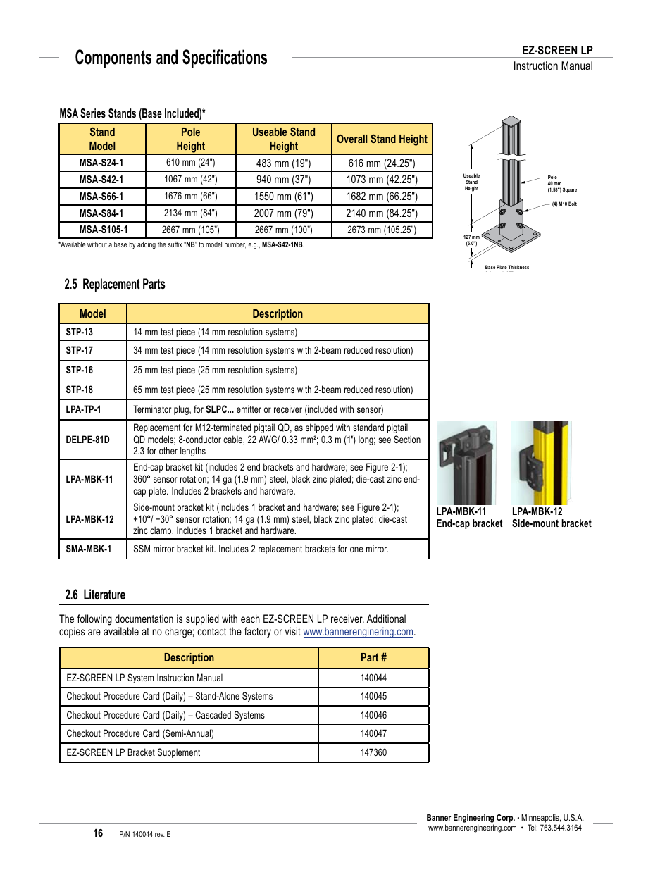 Overview, Components and specifications, 6 literature | 5 replacement parts | Banner EZ-SCREEN Low-Profile Safety Light Curtain Systems User Manual | Page 18 / 76