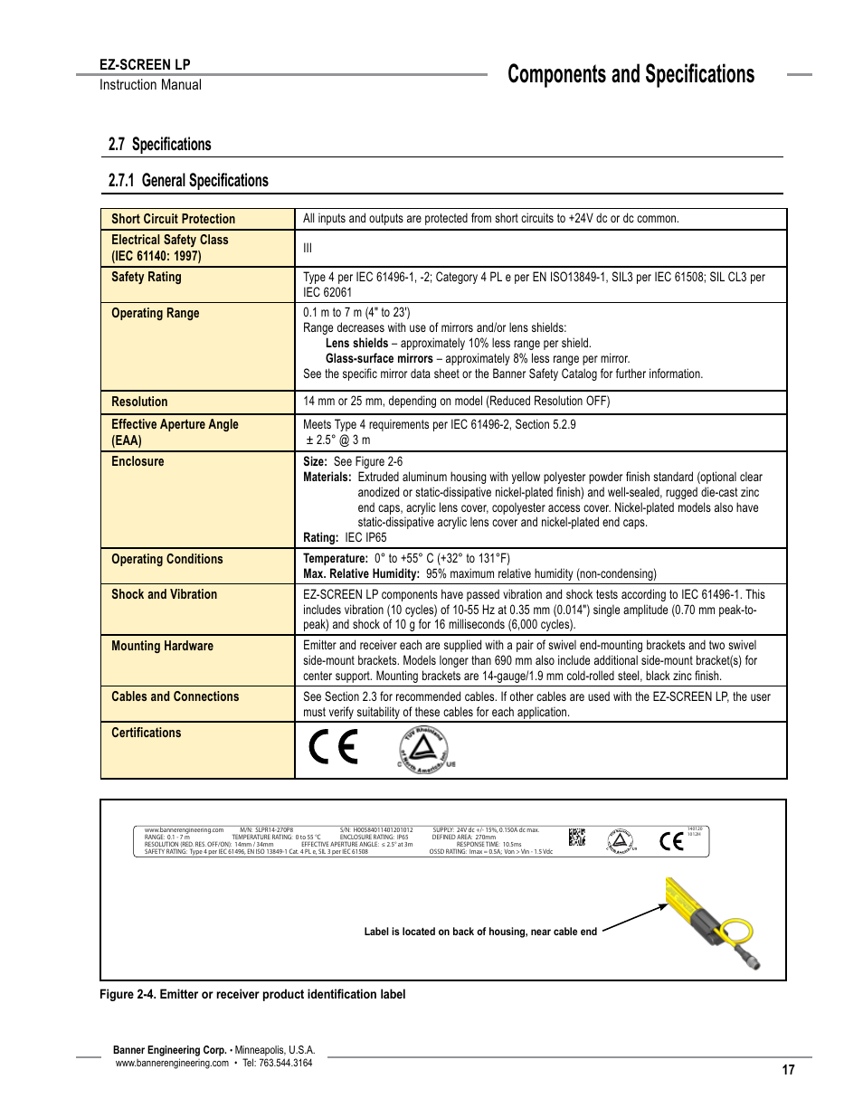 Overview, Components and specifications, 7 specifications 2.7.1 general specifications | Ez-screen lp instruction manual | Banner EZ-SCREEN Low-Profile Safety Light Curtain Systems User Manual | Page 19 / 76